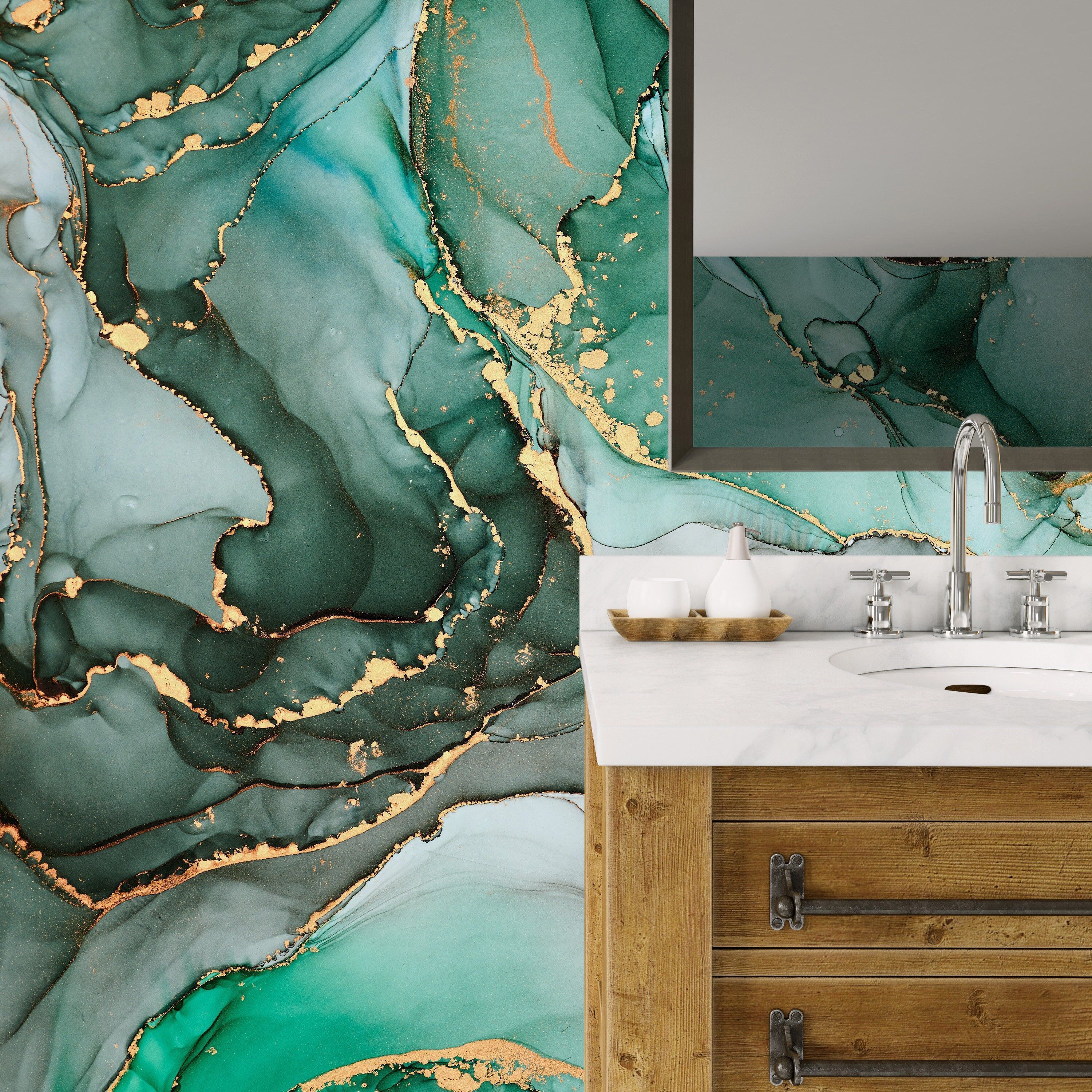 3000x3000 Marble Wallpaper Peel and Stick Green Gilded Marble Mural