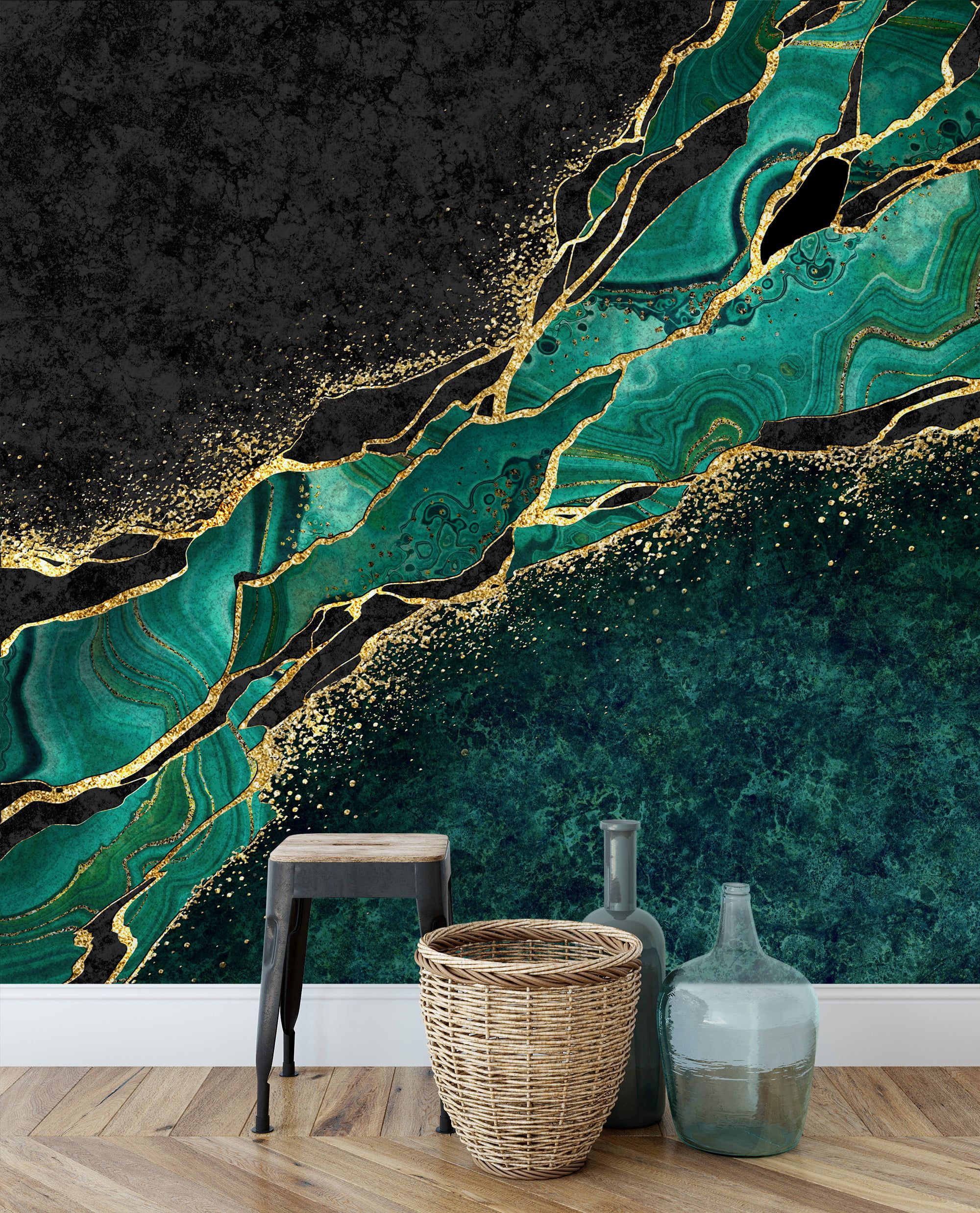 2000x2473 Opulent Emerald Green and Gold Marble Textured Wallpaper for a Glamorous Interior