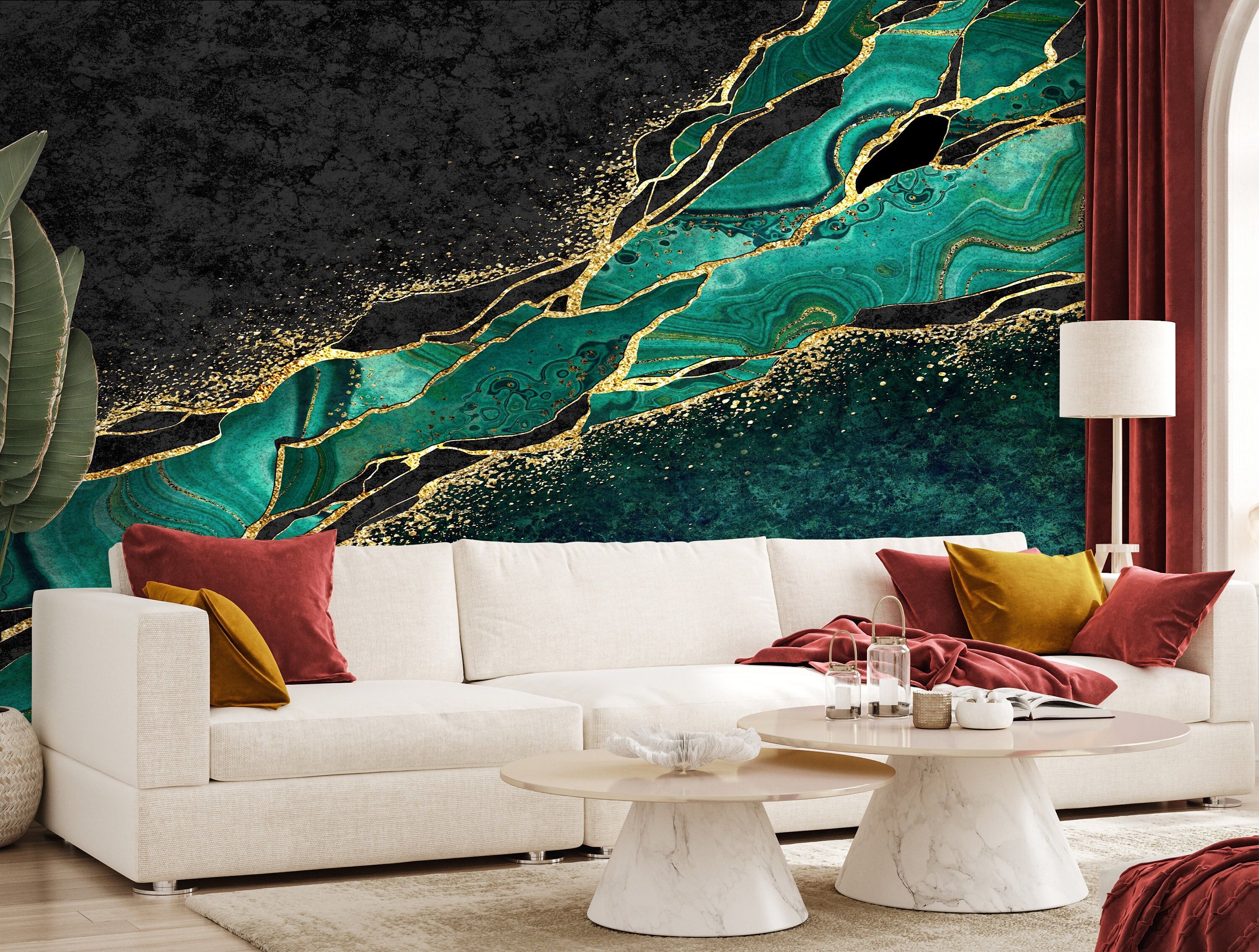 3000x2269 Marble Wallpaper Green Gold Purple Dark Modern Peel and Stick