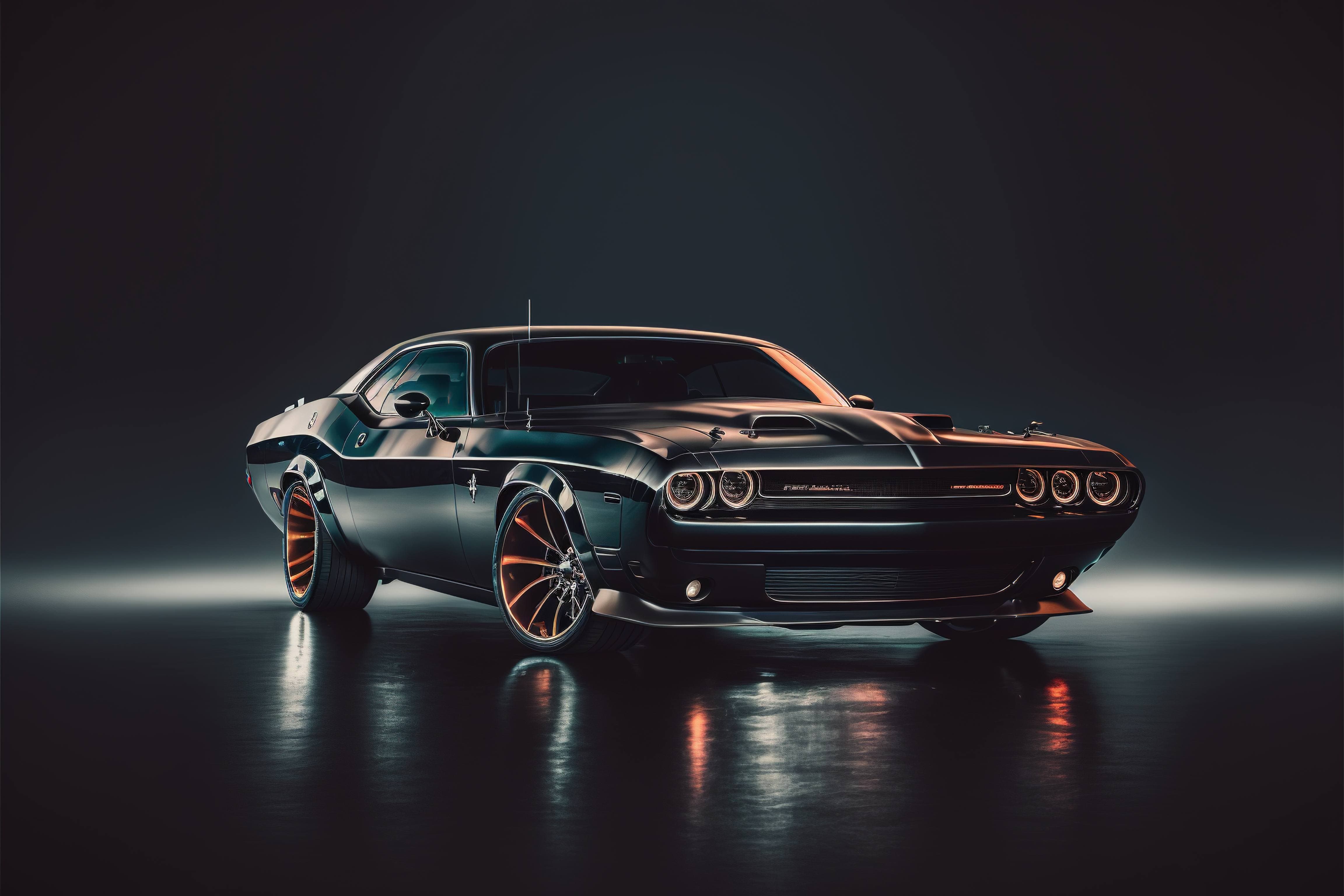 4608x3072 A shiny black Dodge Challenger muscle car
