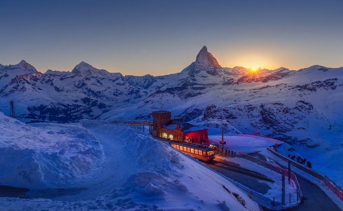 1138x700 Landscape Lights Matterhorn mountain nature road snow sunset