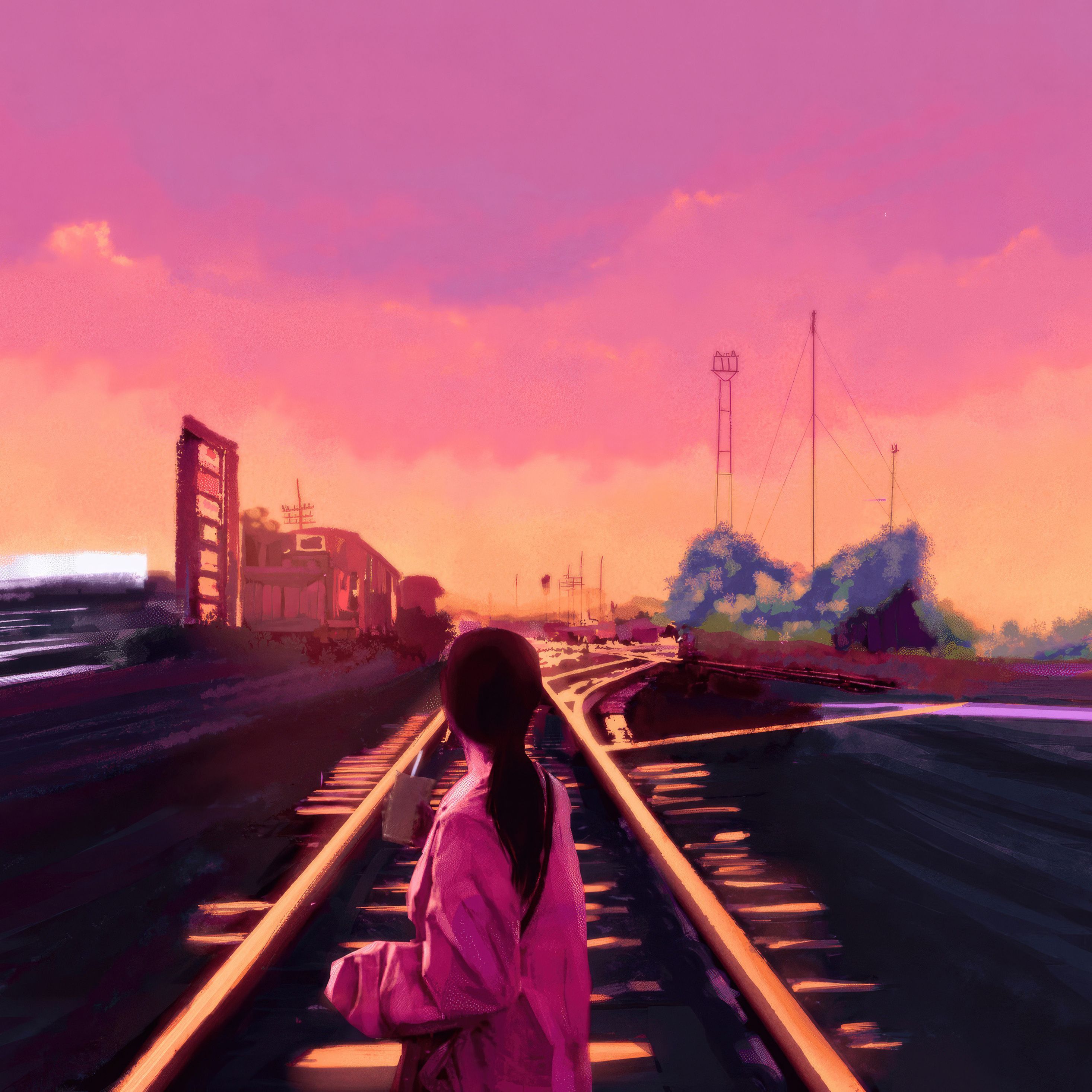 2932x2932 Anime Girl Chill Time With Starbucks On The Train Track iPad Pro Retina Display HD 4k Wallpaper, Image, Background, Photo and Picture