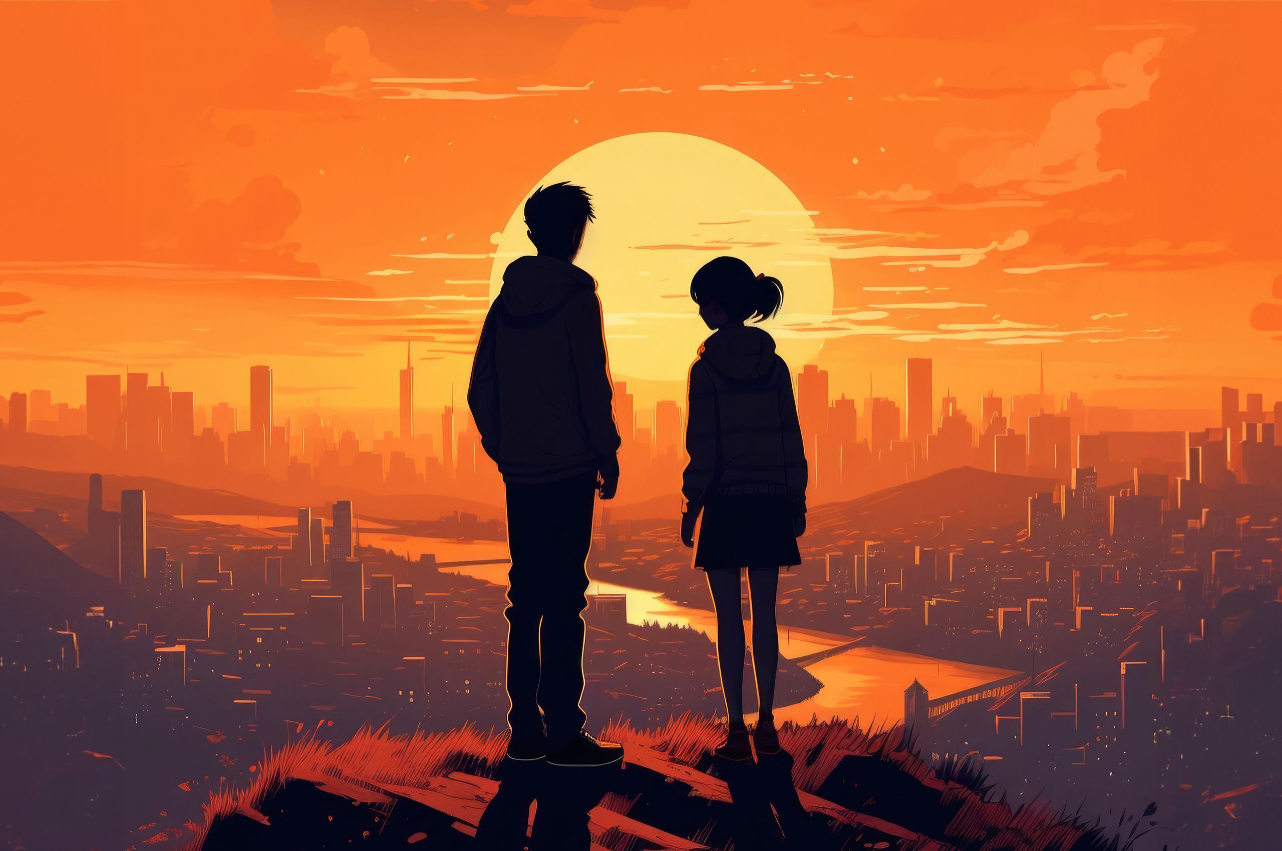 2560x1700 Anime Girl And Boy Watching Sunset 4k Chromebook Pixel HD 4k Wallpaper, Image, Background, Photo and Picture