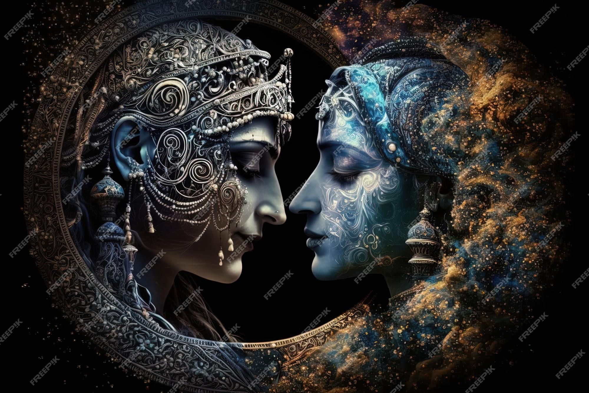 2000x1333 Premium Photo. Radha krishna in love medium shot photography portrait of cosmic galactic generative ai symbol of devine love art print for home decor hindu couple on abstract decorative background
