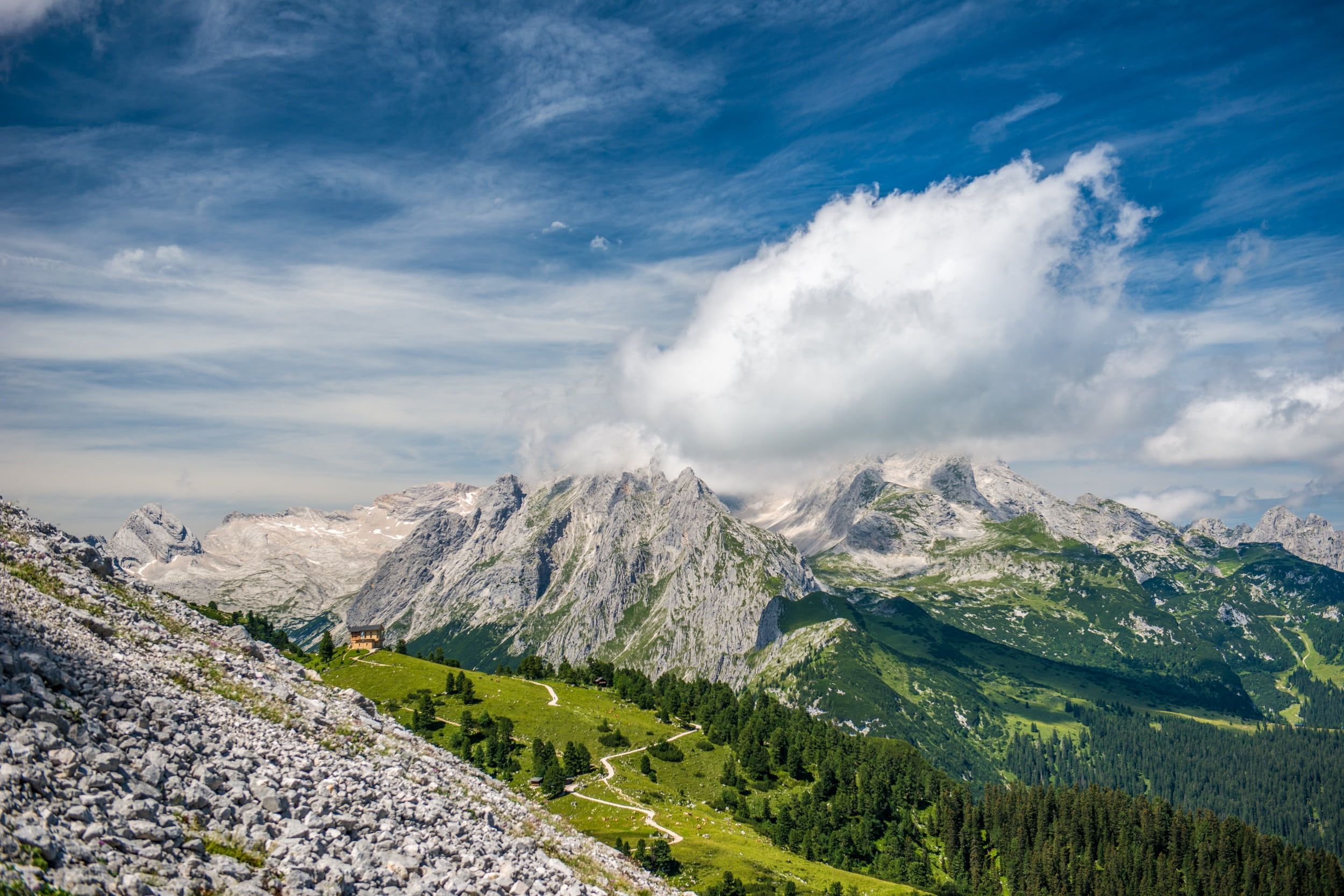 2500x1668 Wallpaper / mountain landscape, alpine, tranquil scene, green color, clouds, schachen, outdoors, no people, zugspitze massif, zugspitze, mountains, zugspitze mountain free download