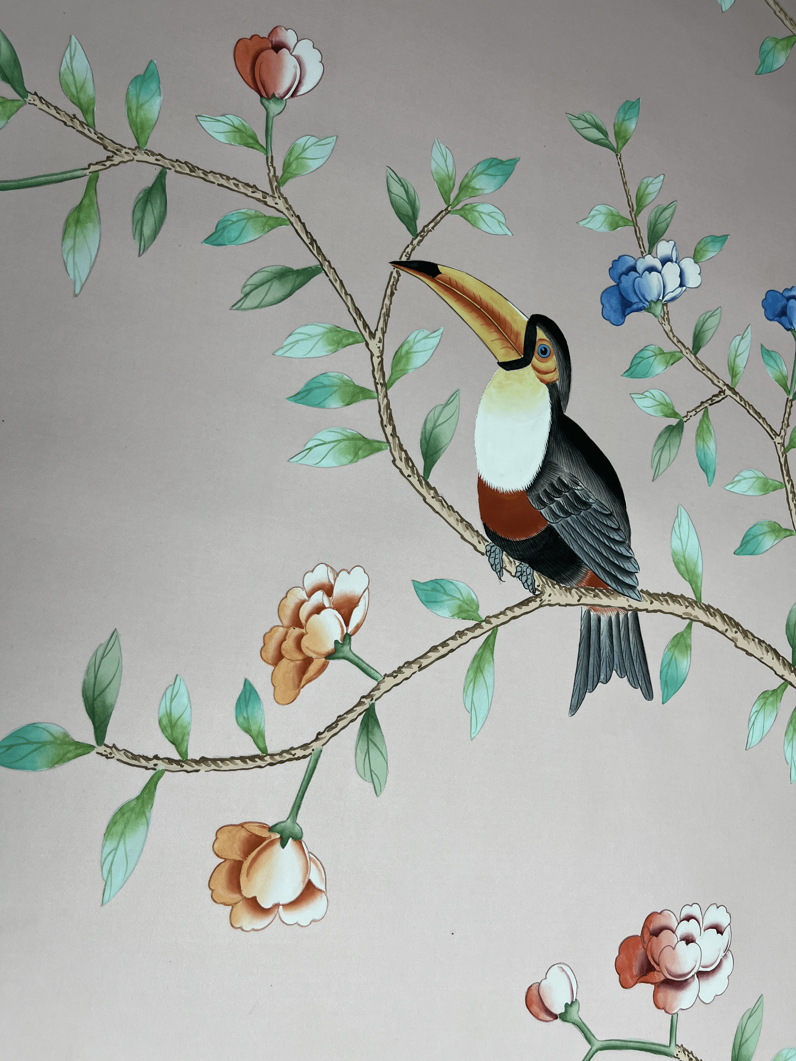 3024x4032 Palm Tree Chinoiserie Murals Hand Painted Wallpaper on Pink Silk Panel