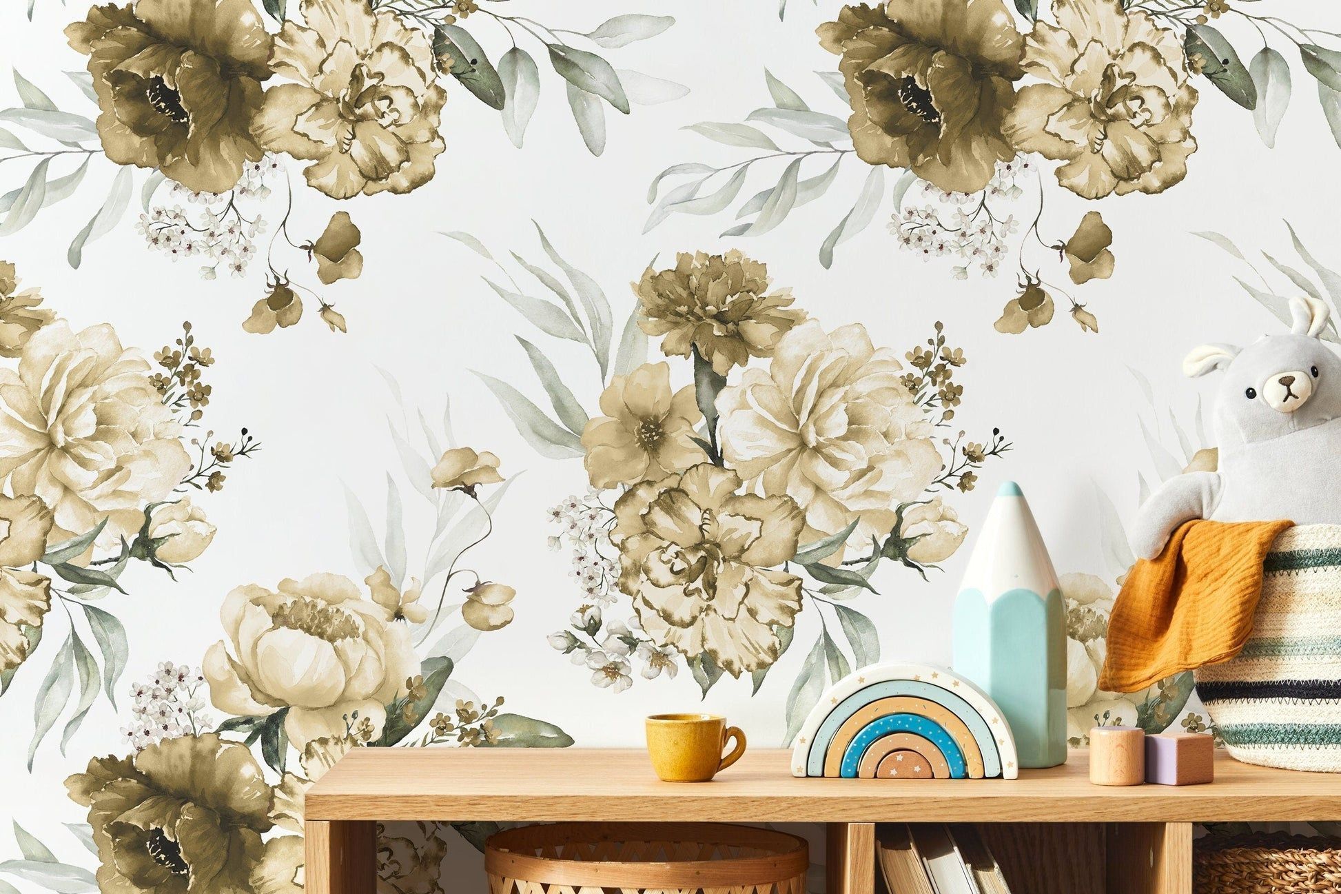 1946x1297 Yellow Vintage Peony Wallpaper / Peel and Stick Wallpaper Removable Wa