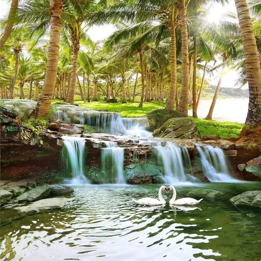 894x894 Customize Hainan Island Coconut Tree Forest Water Waterfall Landscape Painting Wall Custom Large Mural Green Wallpaper Mural, 300(W)×210(H)cm