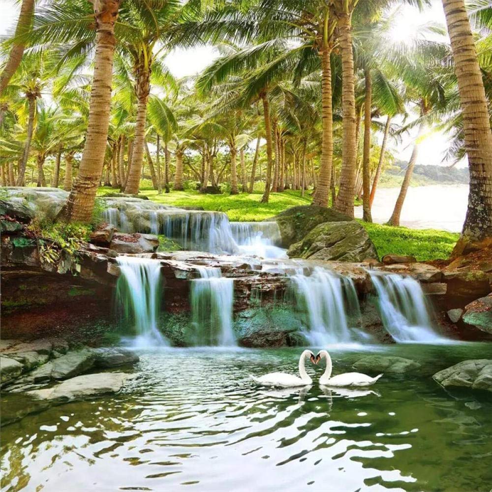 1000x1000 Customize Hainan Island Coconut Tree Forest Water Waterfall Landscape Painting Wall Custom Large Mural Green Wallpaper Mural, 300(W)×210(H)cm