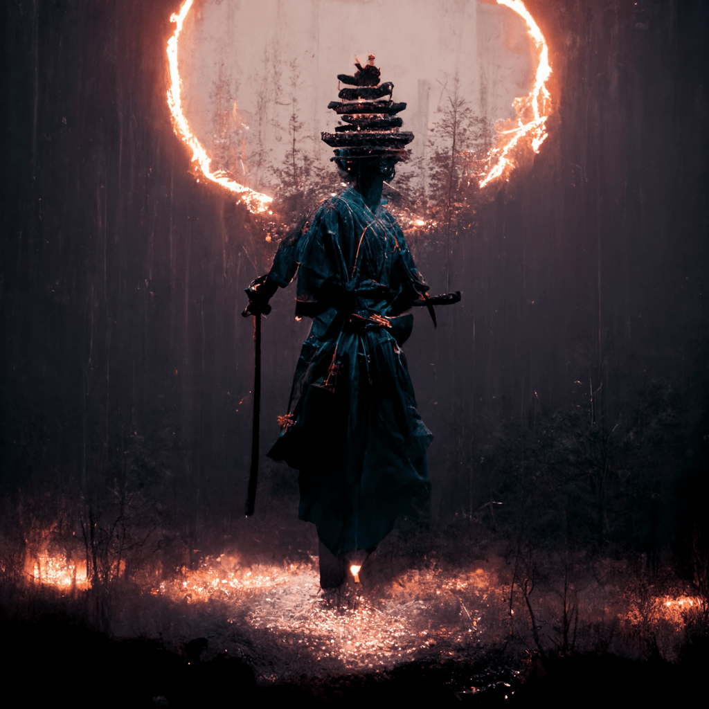 1024x1024 Midjourney prompt: neo samurai character, alone, arm on
