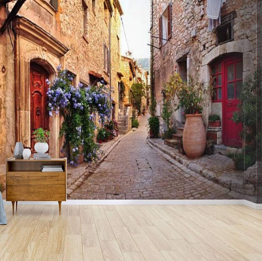 894x893 Kanworse Old French Village Houses and Cobblestone Street Canvas Print Wallpaper Wall Mural Self Adhesive Peel & Stick Wallpaper Home Craft Wall Decal Wall Poster Sticker for Living Room