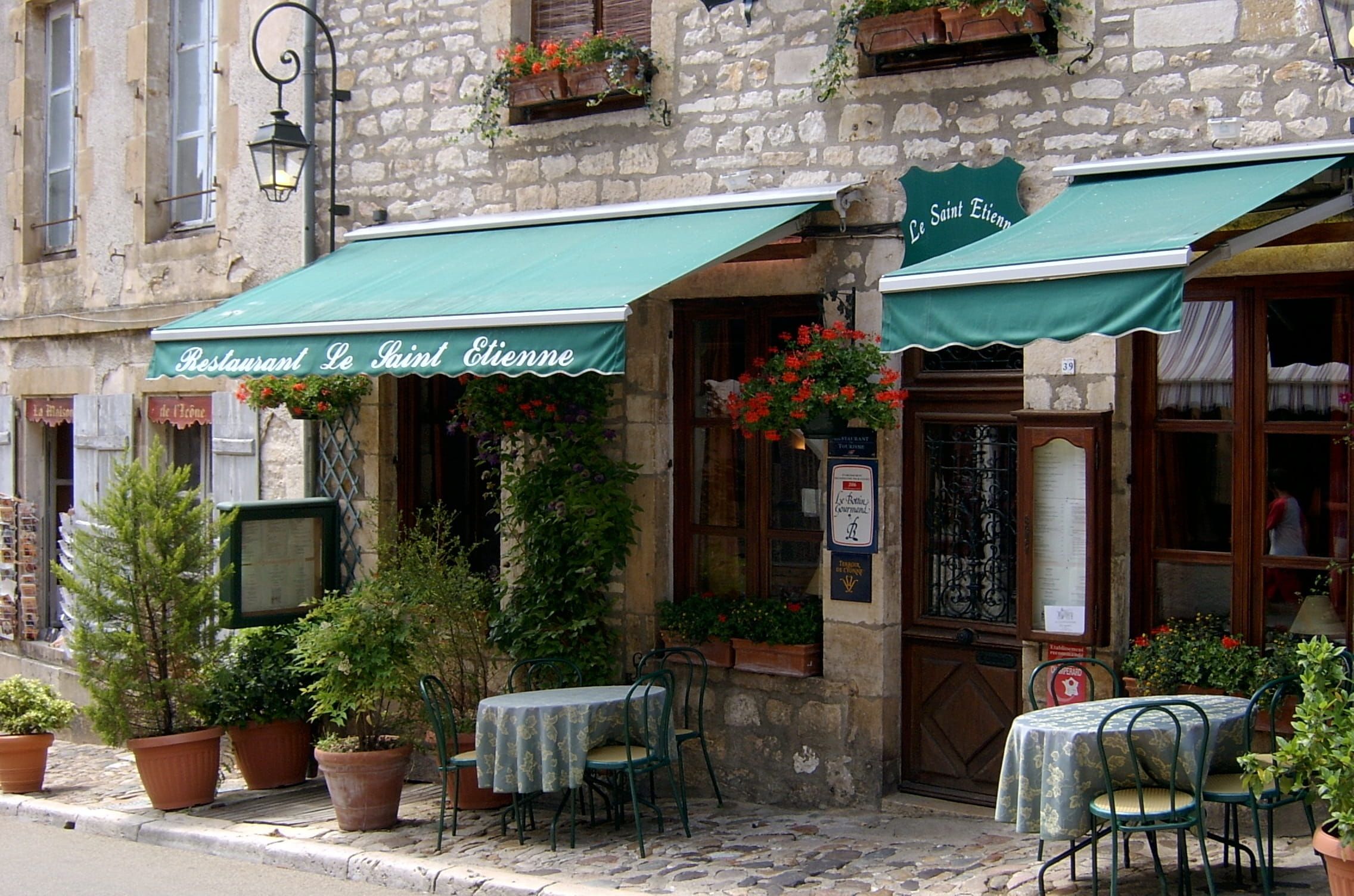 2272x1504 Wallpaper / French Restaurant, no people, outdoors, 1080P, communication, potted plant, france, day, city, chair, plant, street, architecture, French Village, french free download