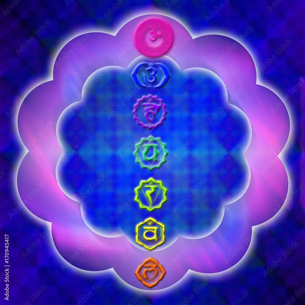 1000x1000 seven chakra chacras over mystical colorful background Stock Illustration