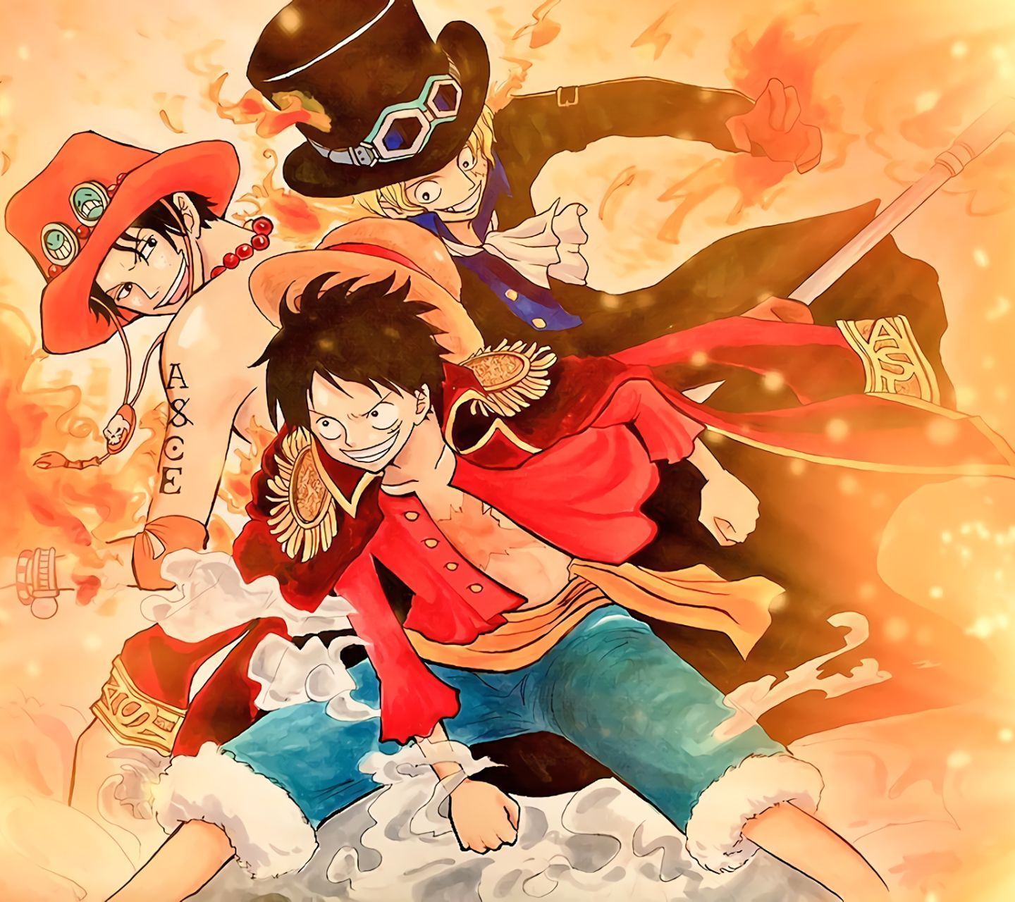 1440x1280 HD desktop wallpaper: Anime, Portgas D Ace, One Piece, Monkey D Luffy, Sanji (One Piece) download free picture