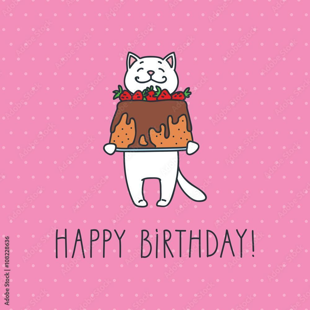 1000x1000 Cute white cat with a cake on the polka dot background. Doodle vector illustration for birthday poster or card. Stock Vector