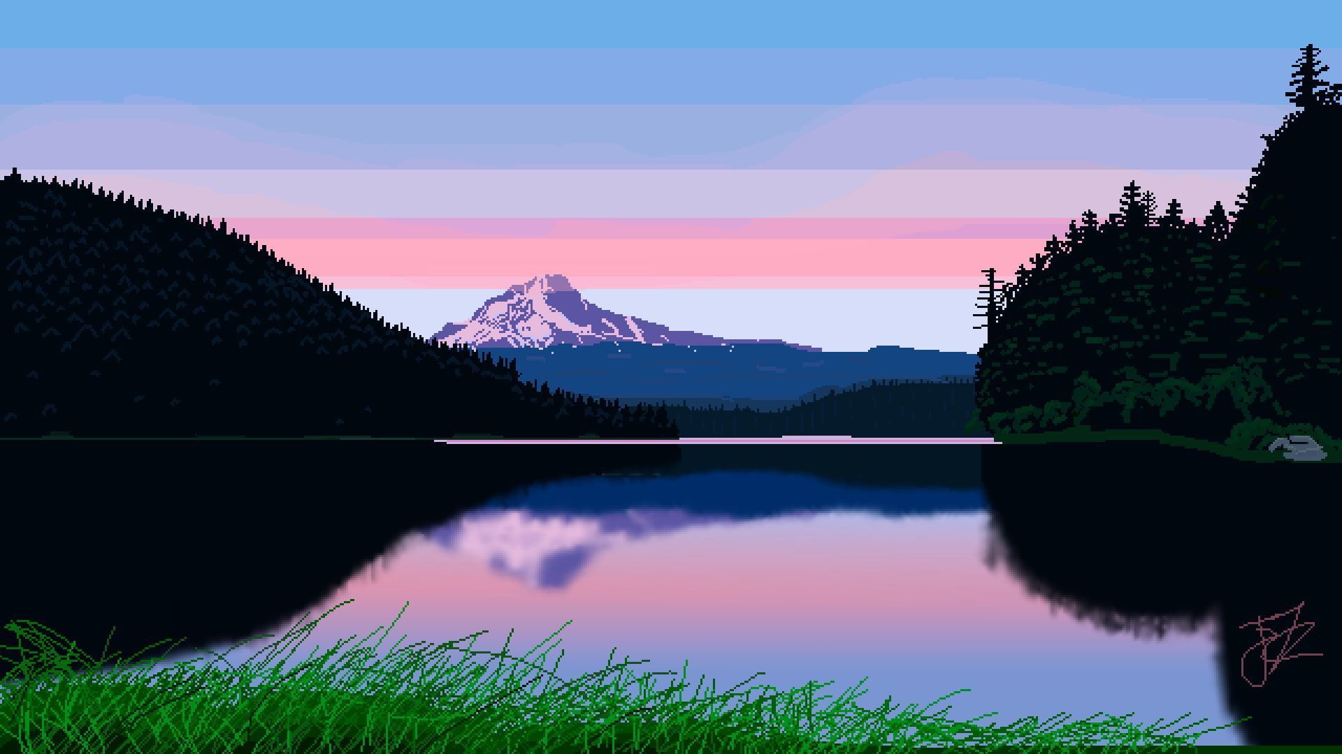 1920x1080 nature #landscape pixel art #pixelated #pixels #mountains #Wavestormed #trees snowy peak #forest #lake #grass #hill #re. Pixel art, Landscape, Mountain wallpaper