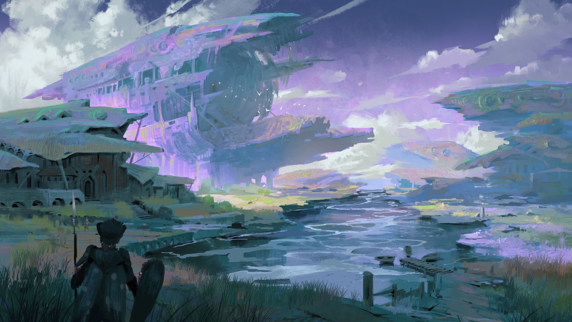 1920x1080 Pixel Cat, fantasy art, digital art, river, spear, shield, boatx1080 Wallpaper