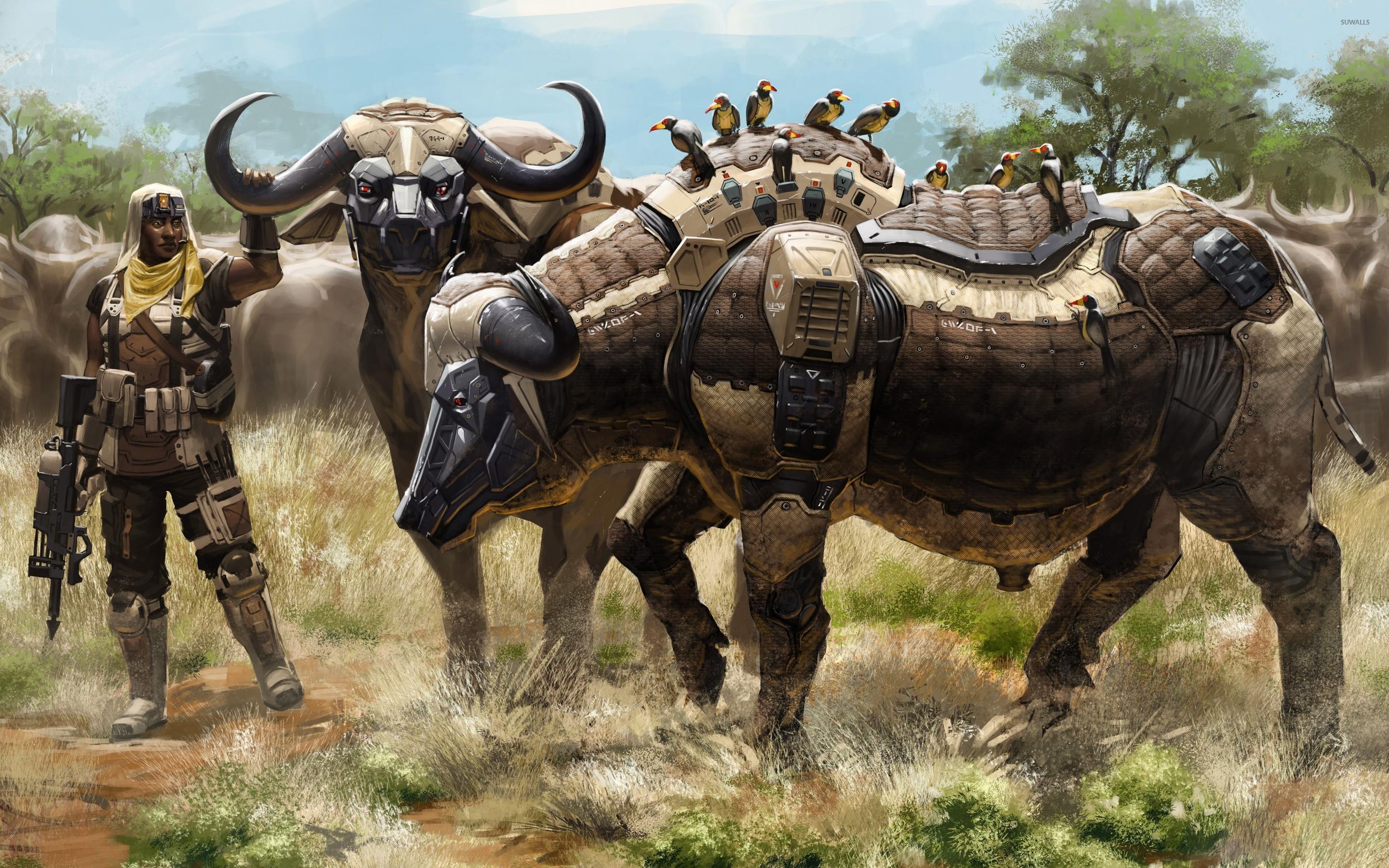 2880x1800 Soldier with robot buffalo herd wallpaper wallpaper