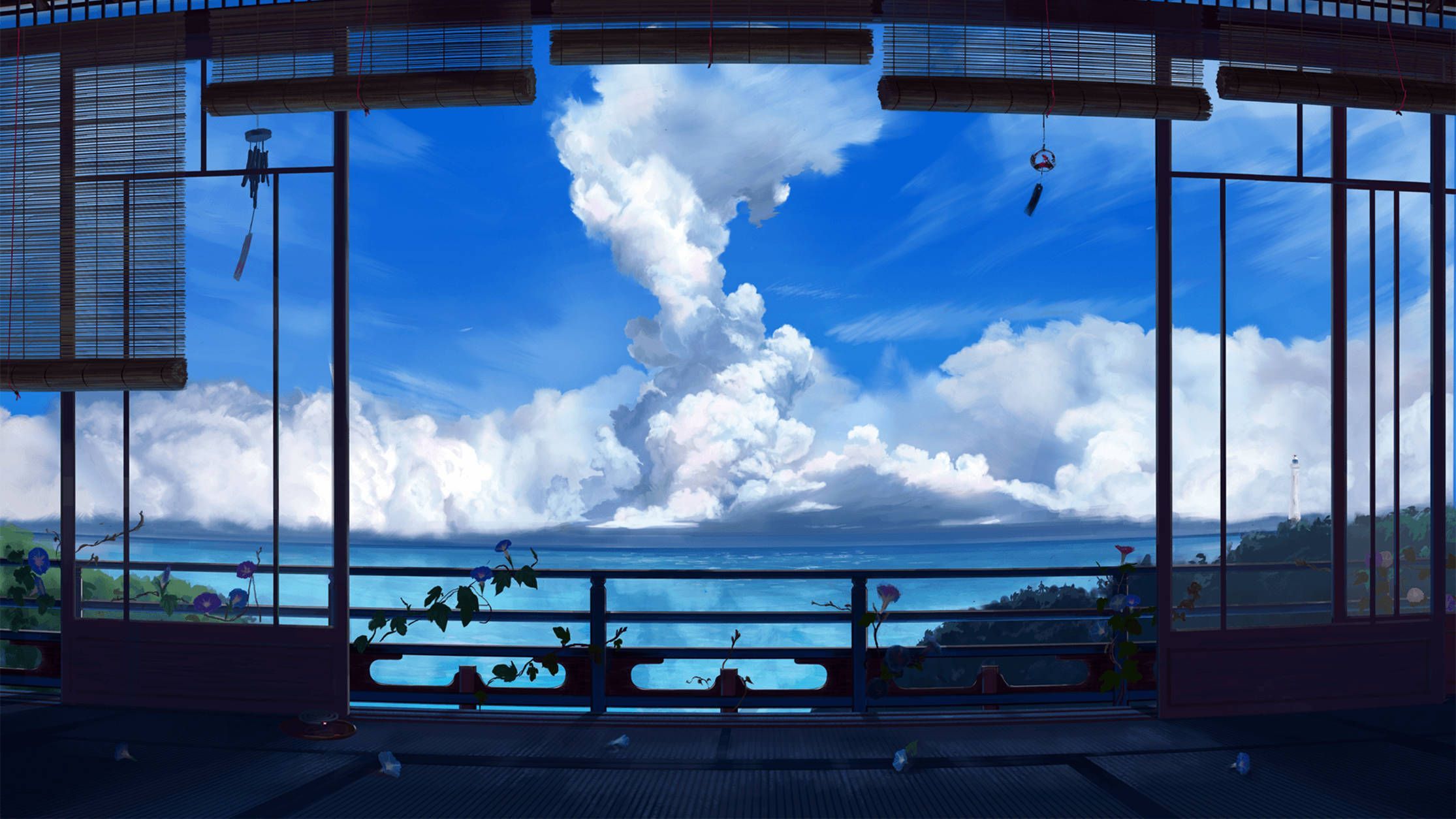 2230x1254 Download Lo Fi Anime Ocean And Blue Sky View Wallpaper