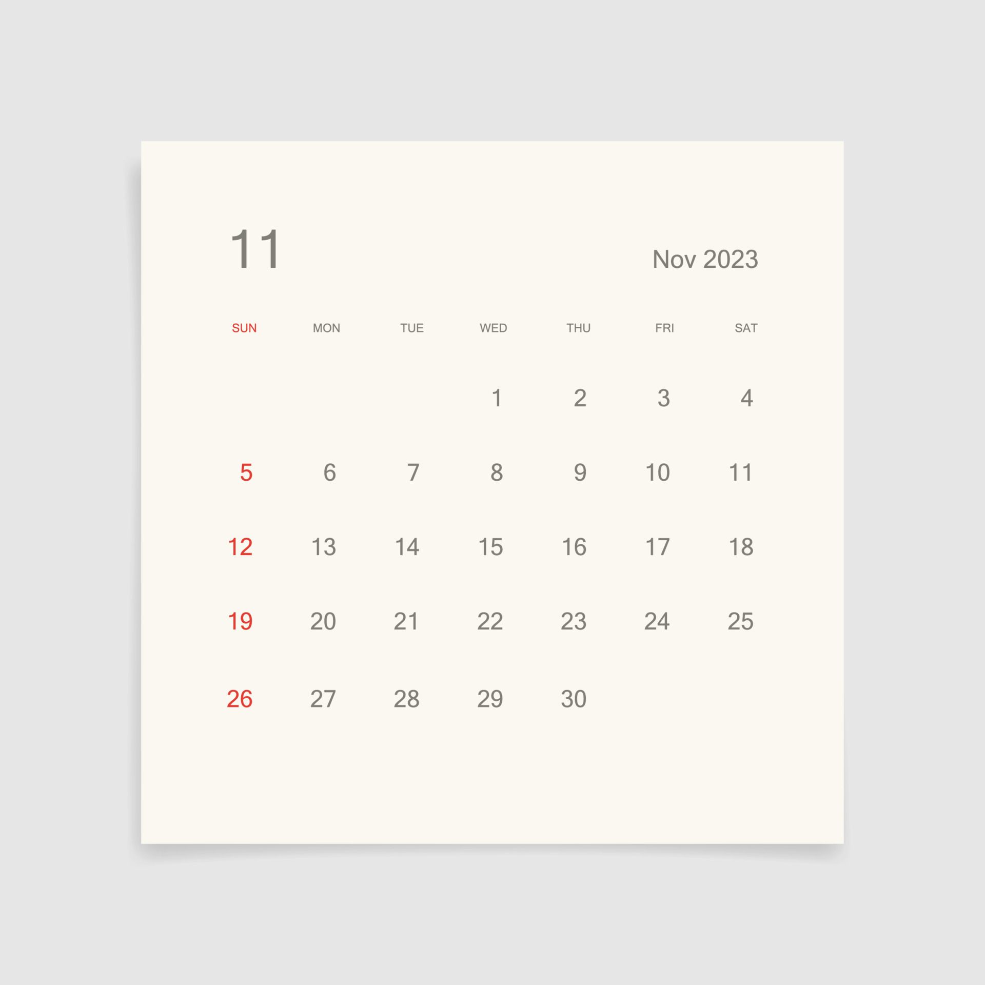 1920x1920 November 2023 calendar page on white background. Calendar background for reminder, business planning, appointment meeting and event. Week starts from Sunday. Vector