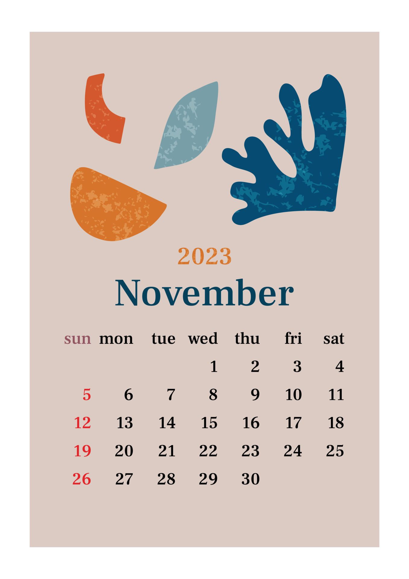 1357x1920 The page with the month November 2023 with abstract organic shapes in muted tones. Vertical poster in aesthetic style in pastel colors. Vector illustration design