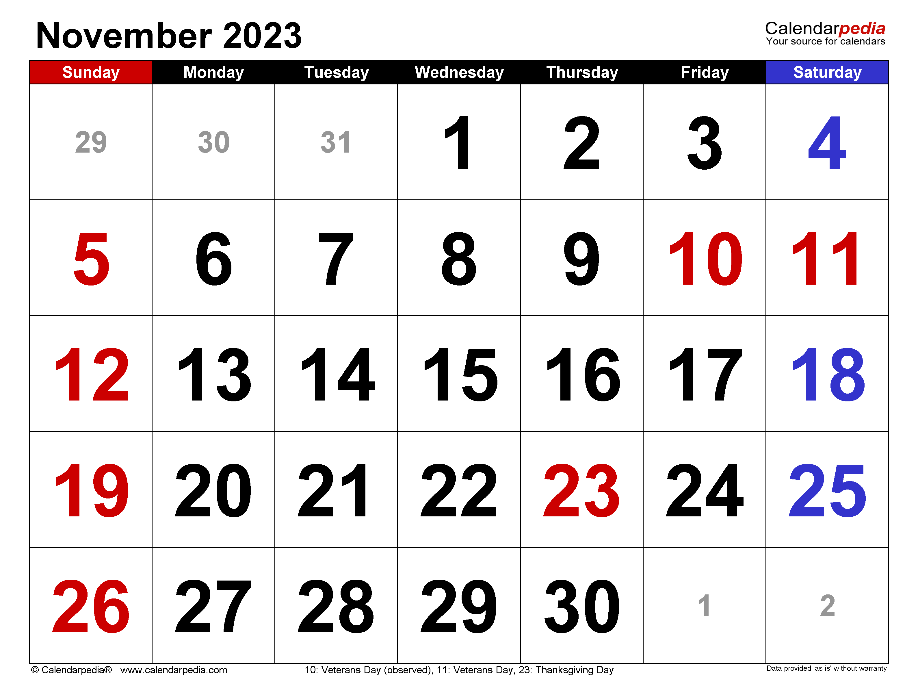 3178x2412 November 2023 Calendar. Templates for Word, Excel