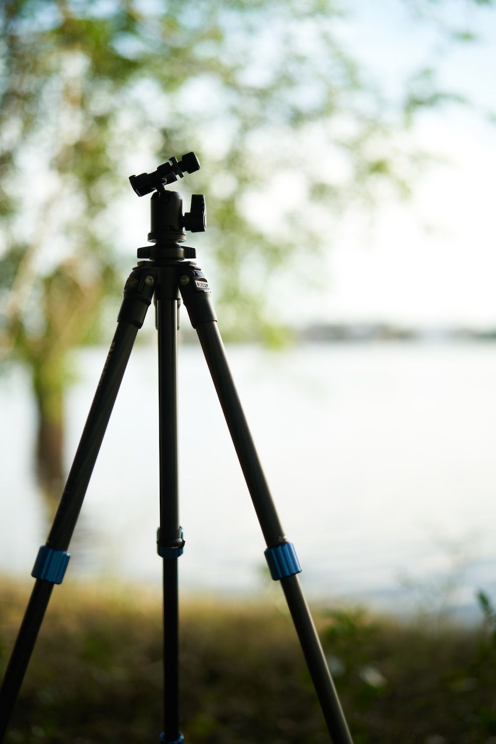 1000x1499 Black and blue tripod on brown wooden table photo