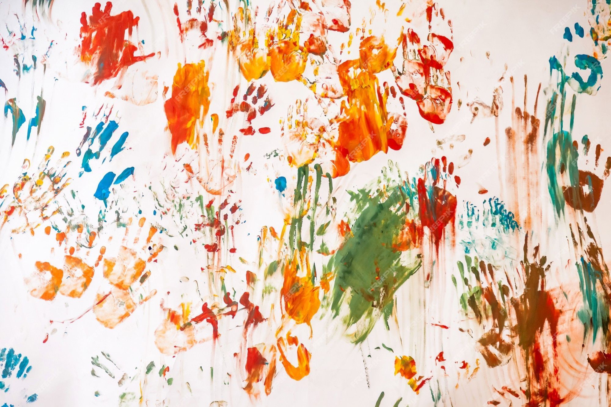 2000x1333 Premium Photo. Baby drawing with watercolor on white wall background. works of child abstract sketch. colored kids handprints and splattered messy on picture. unique background for creativity and wallpaper