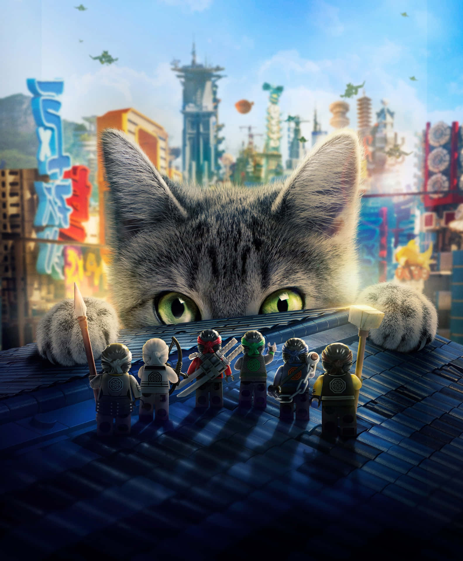 1583x1920 Download Cat Staring At Ninjas From The LEGO Ninjago Movie Wallpaper