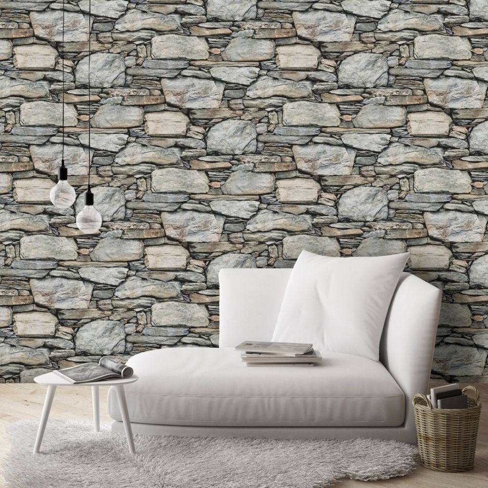 1000x1000 Distinctive Slate Stone Wall Wallpaper Natural Grey, Light Beige from I Love Wallpaper UK