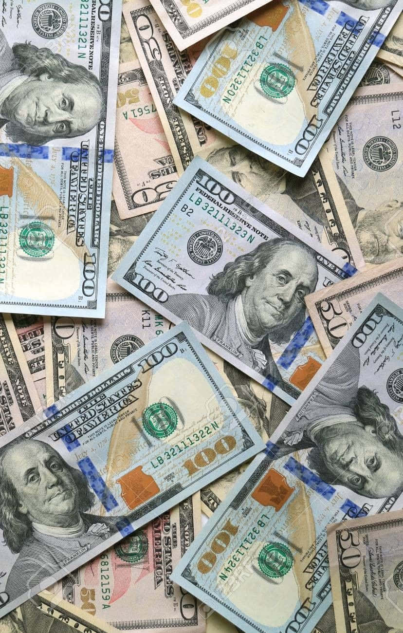 828x1300 Download Bluish 100 Dollar Bill Pile For Phone Wallpaper