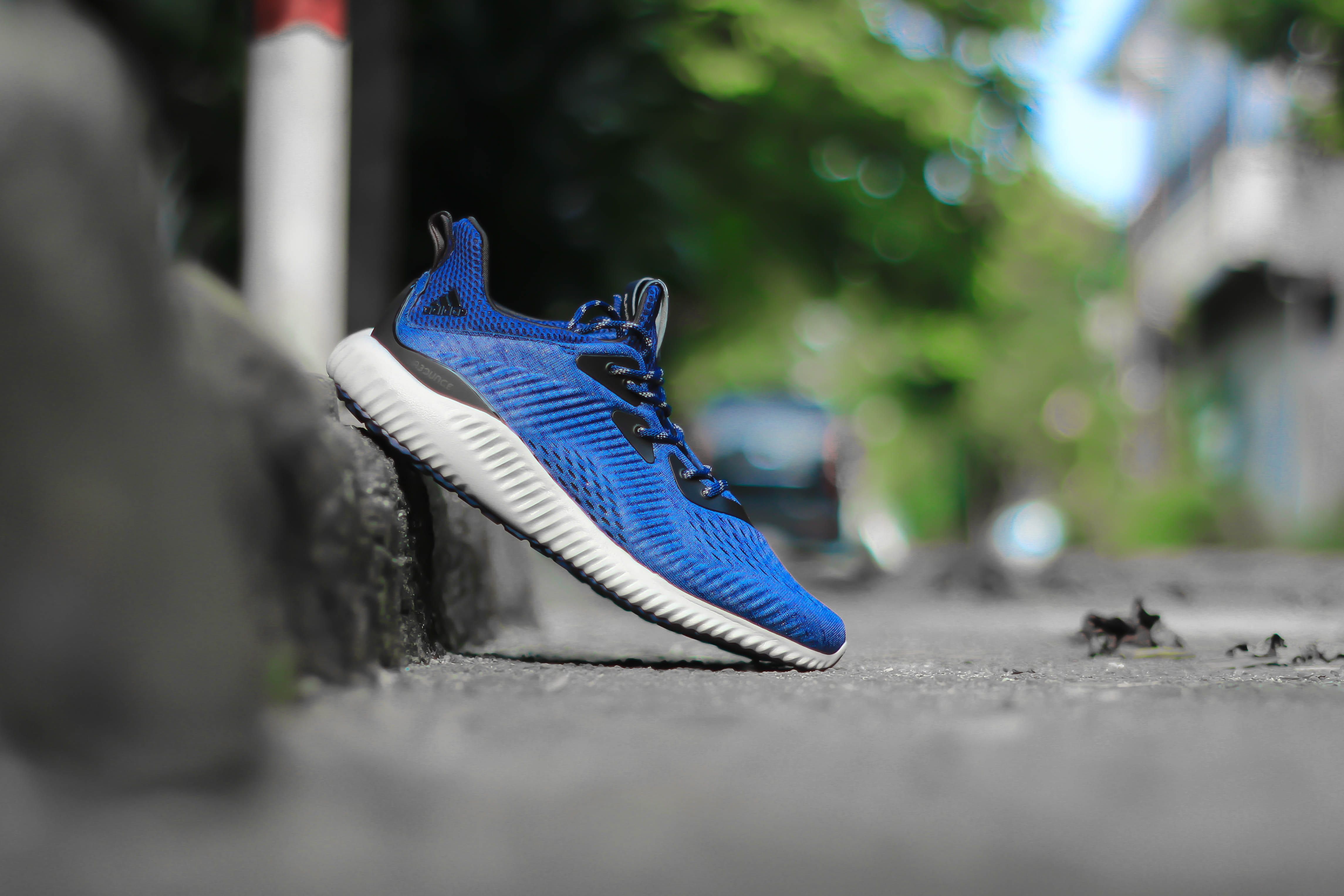 4580x3053 Wallpaper selective focus photography of unpaired blue and white adidas running shoe leaning on concret. Adidas running shoes, Adidas running, Blue converse shoes