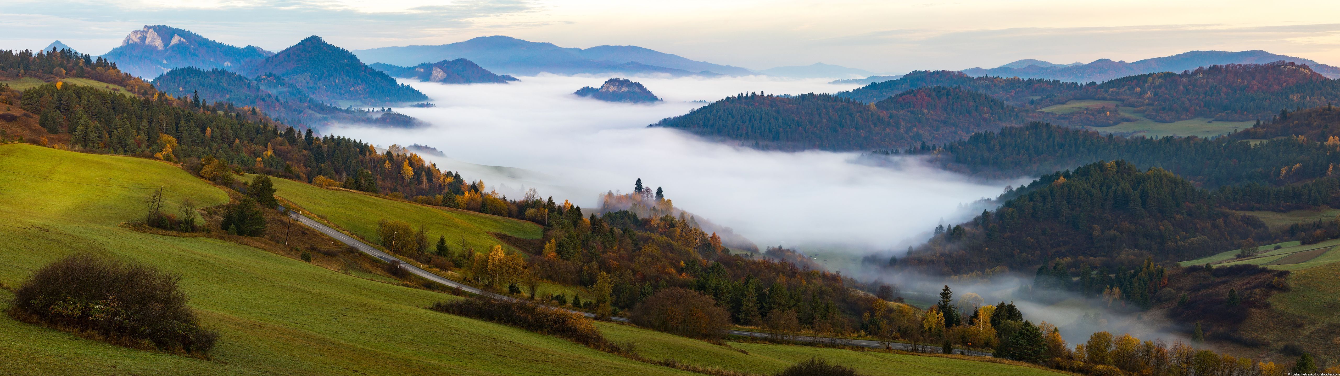 5120x1440 landscape, forest, mist, fallx1440 Wallpaper