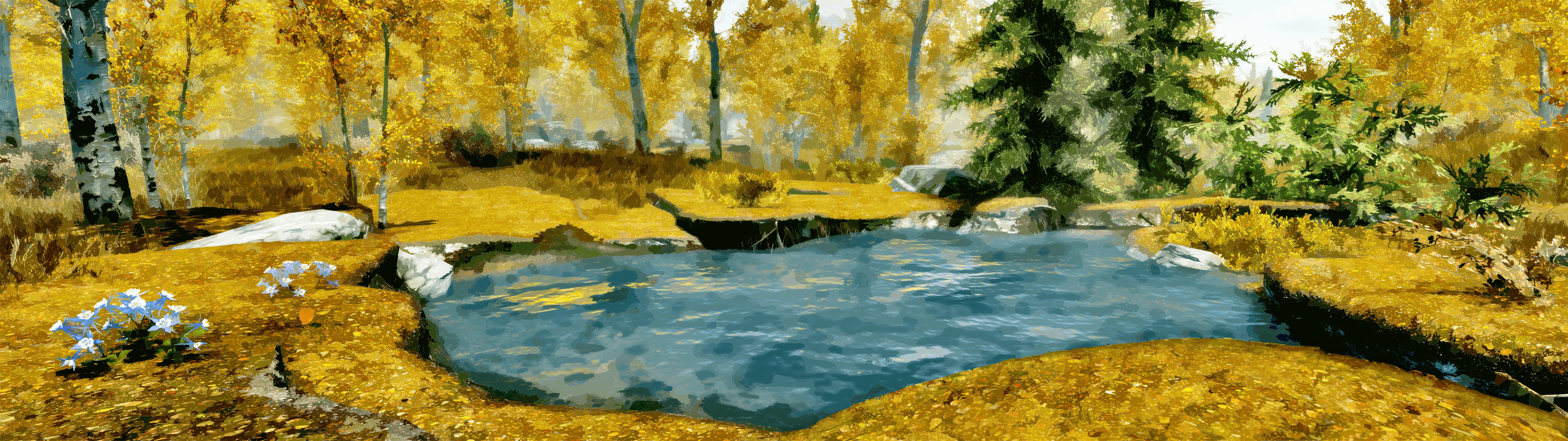 5120x1440 landscape, nature, forest, digital painting, painting, video games, The Elder Scrolls V: Skyrim, ultrawide, triple screen, waterx1440 Wallpaper