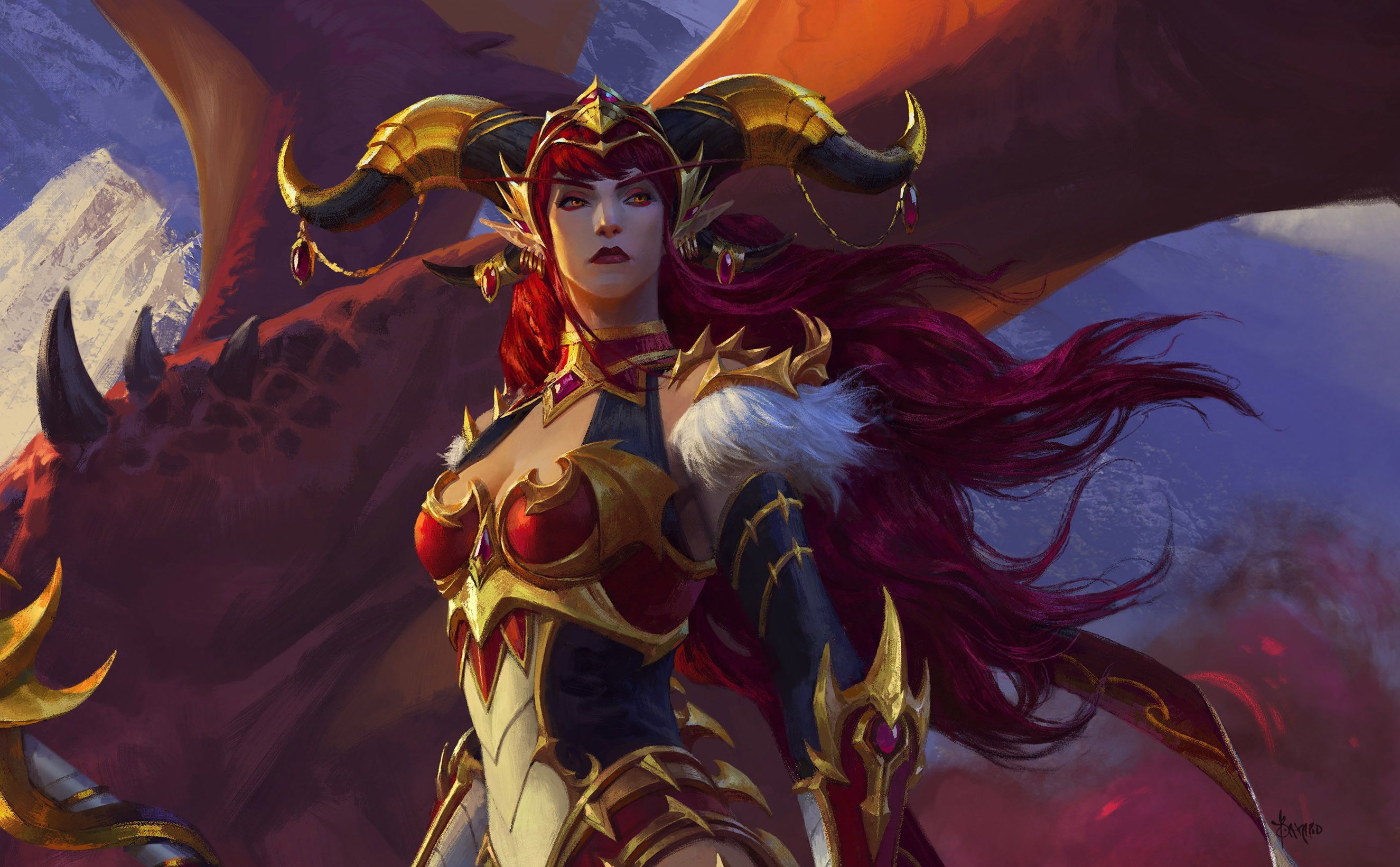 2650x1641 women, fantasy girl, redhead, long hair, Alexstrasza, artwork, fantasy art, red lipstick, World of Warcraftx1641 Wallpaper
