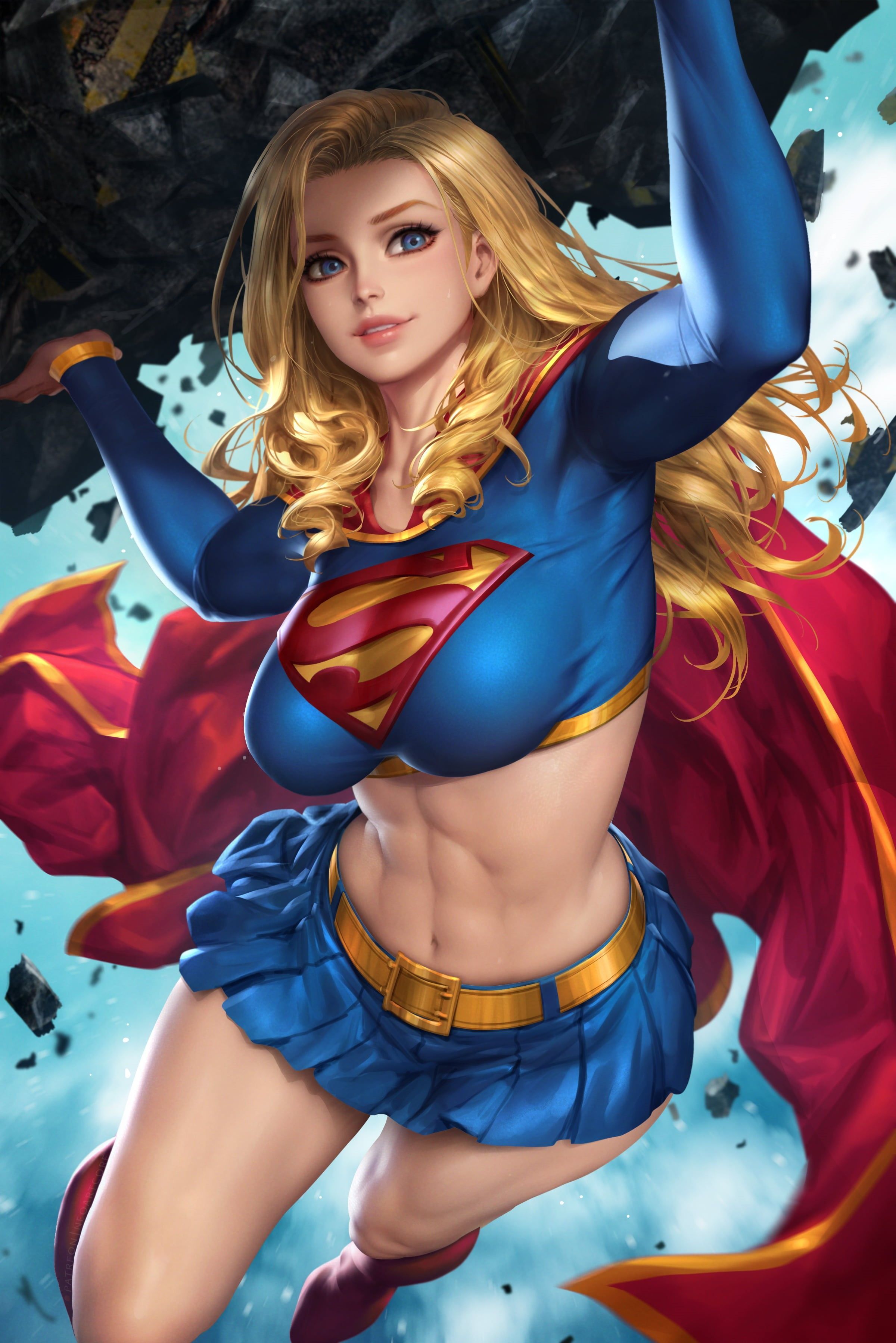 2400x3597 Wallpaper / fantasy girl, blonde, digital art, DC Comics, long hair, smiling, fan art, illustration, superheroines, 2K, artwork, thick thigh, cape, belly, costumes Phone Wallpaper