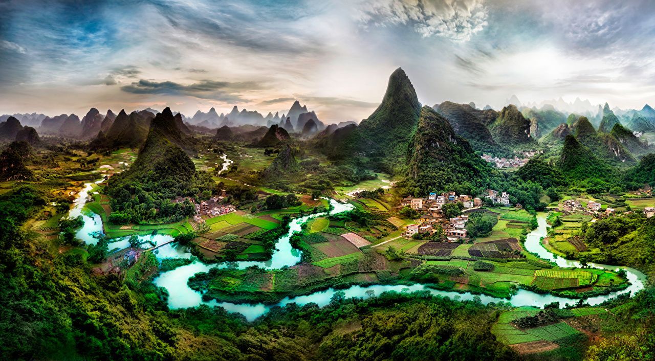 1280x706 Picture China Guangxi Province Rock Nature Fields Rivers Building