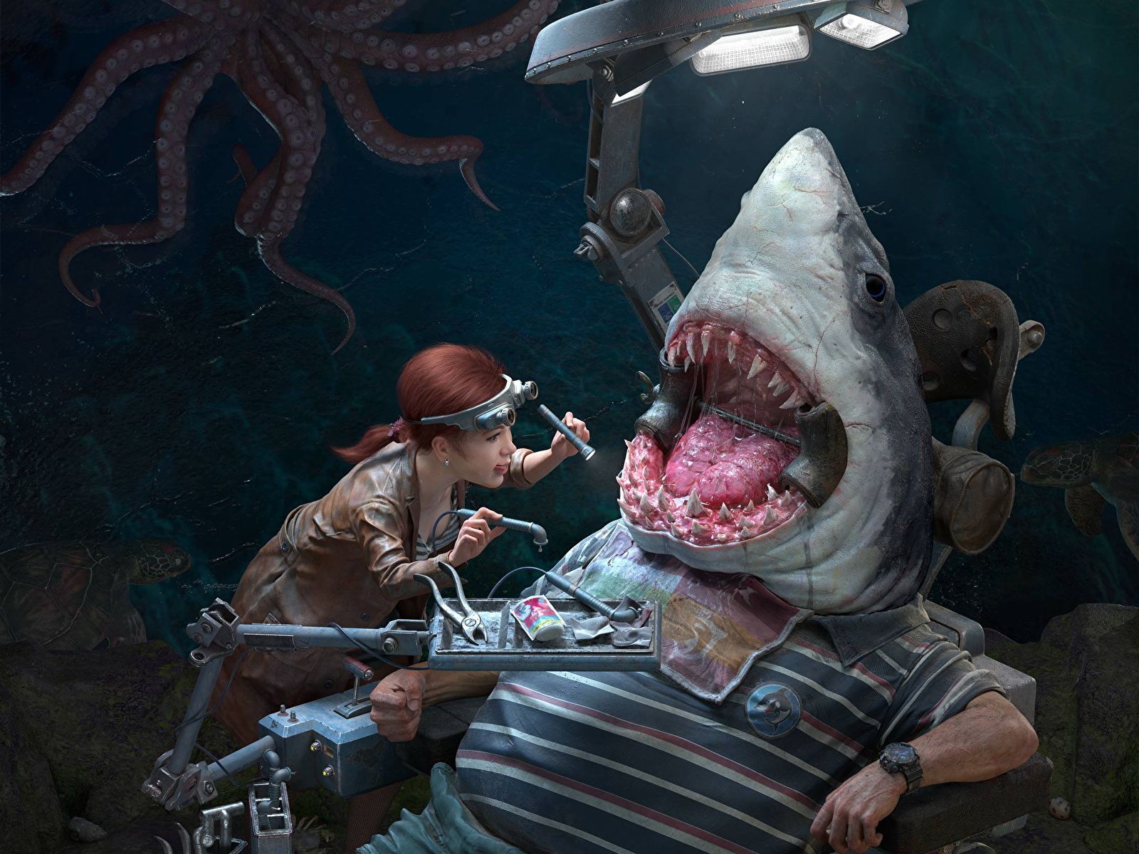 1600x1200 Desktop Wallpaper Little girls Sharks Monsters Dentist 1600x1200