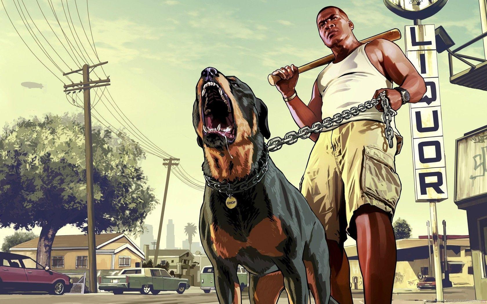 1680x1050 Download 1680x1050 GTA 5 Franklin With A Rottweiler Wallpaper
