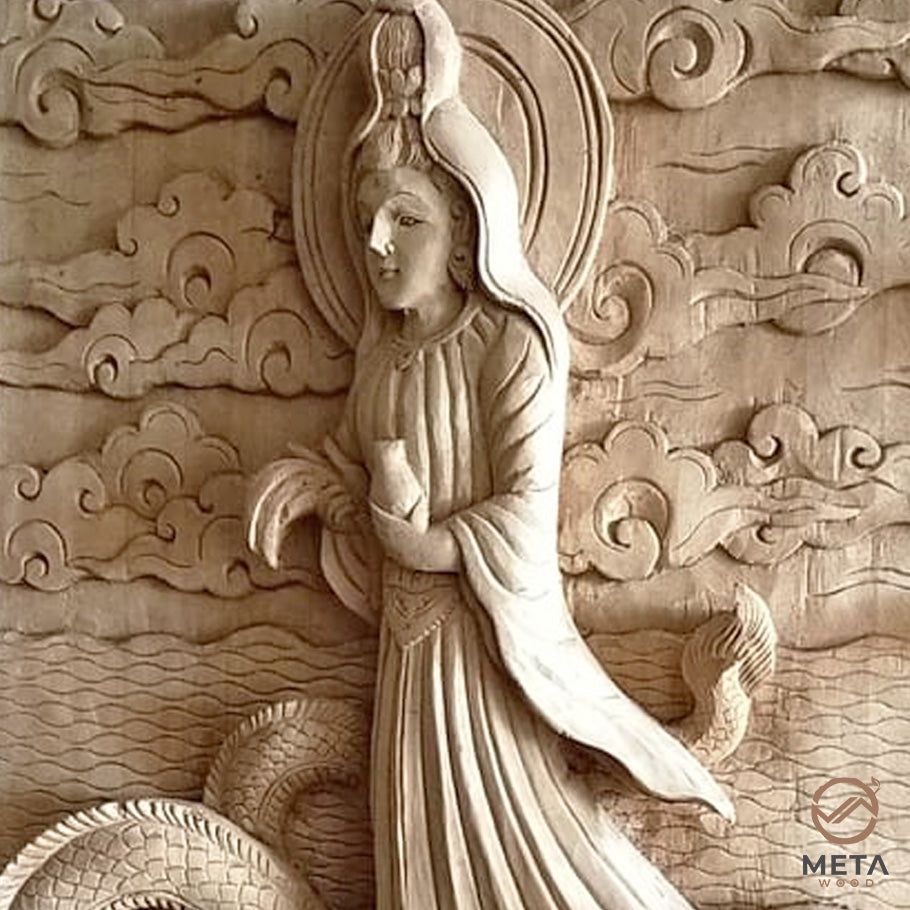 910x910 Hand Carved Balinese Wood Relief, Wall Mural Kuan Yin Ridding Dragon