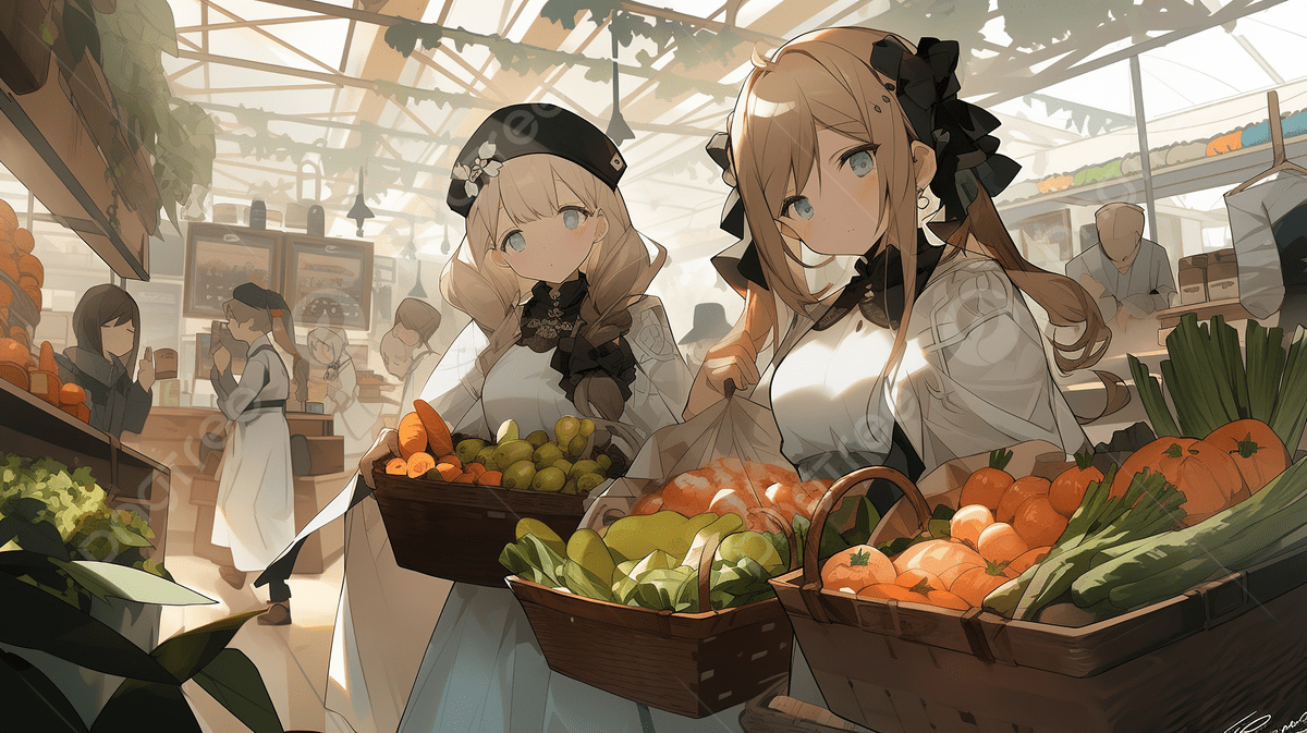 1200x673 Two Beautiful Women Who Are Selling Vegetables In An Anime Inspired Market Background, Mary And Martha Picture Background Image And Wallpaper for Free Download