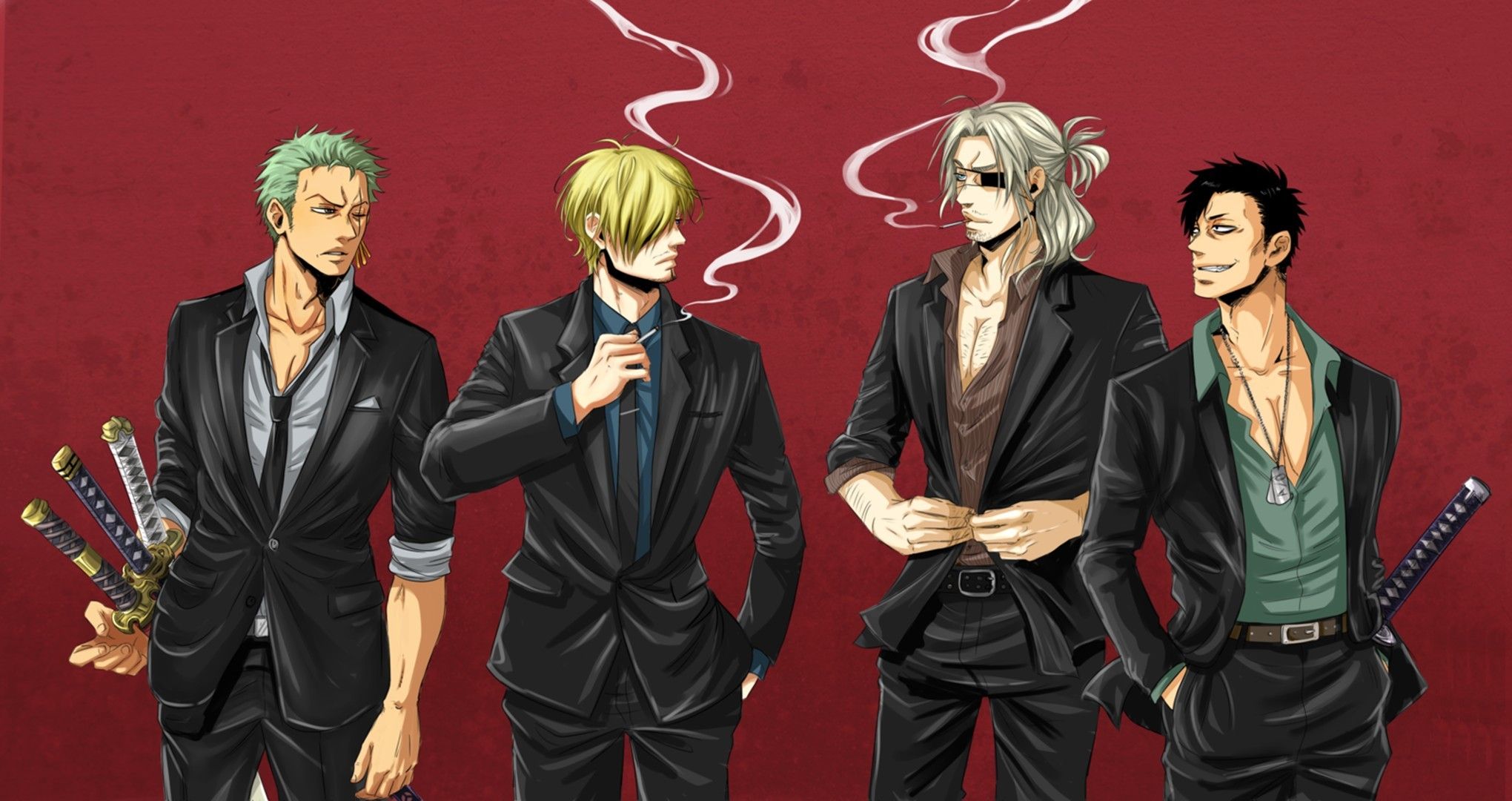 2040x1080 Download wallpaper sword, game, One Piece, pirate, anime, katana, asian, manga, cook, japanese, oriental, asiatic, Roronoa Zoro, eye patch, Sanji, Gangsta, section seinen in resolution 2040x1080