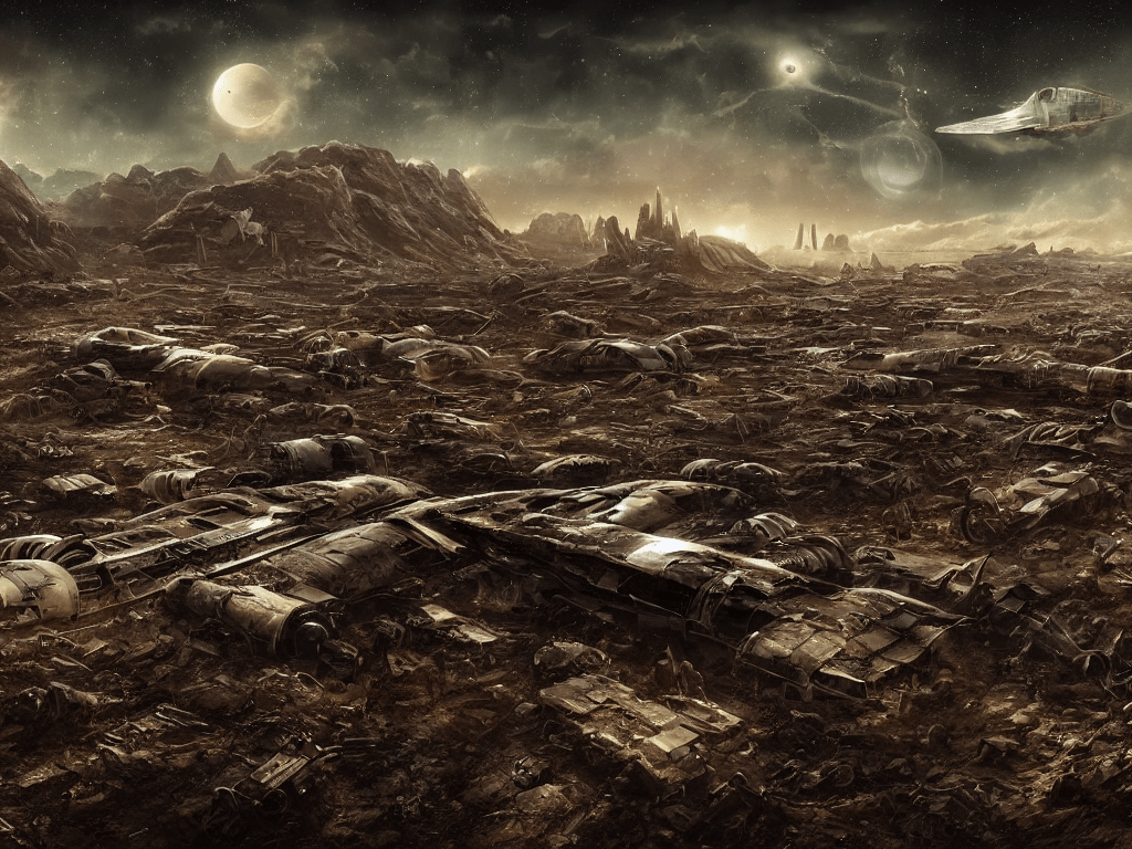 1024x768 prompthunt: spaceship graveyard on a barren land of rocky planet; dark atmosphere, hyperrealistic, 4K wallpaper, highly detailed, dramatic lighting, beautiful