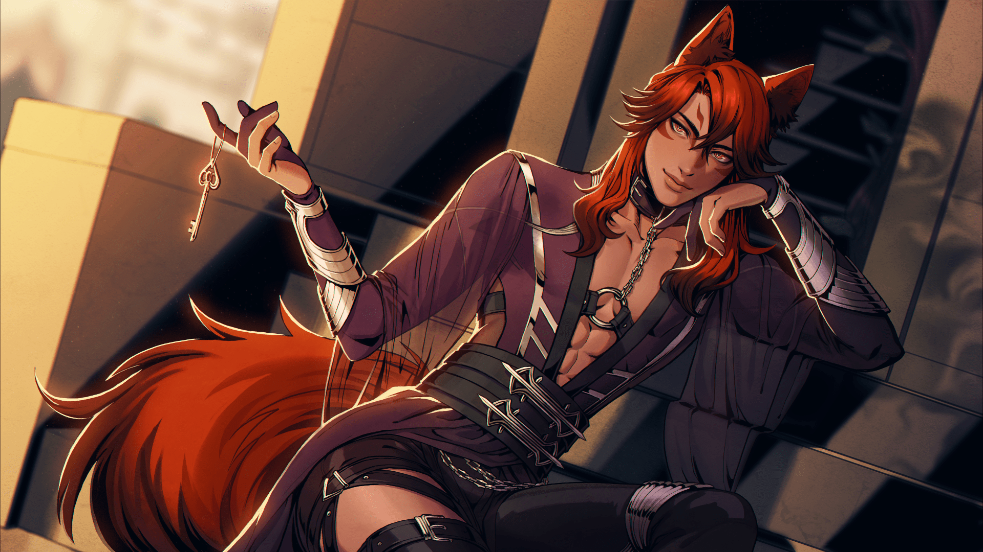 1920x1080 fox ears, fox tail, looking at viewer, smiling, redhead, abs, Touchstarved, Vere, anime boys, Fox boy, keys, musclesx1080 Wallpaper
