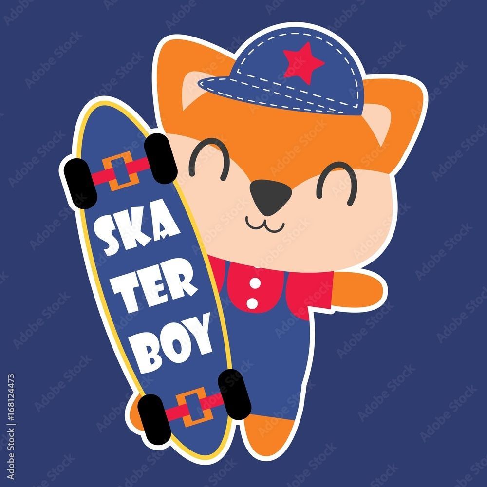 1000x1000 Cute fox as skater boy vector cartoon illustration for kid t shirt design, kid nursery wall and graphic wallpaper Stock Vector