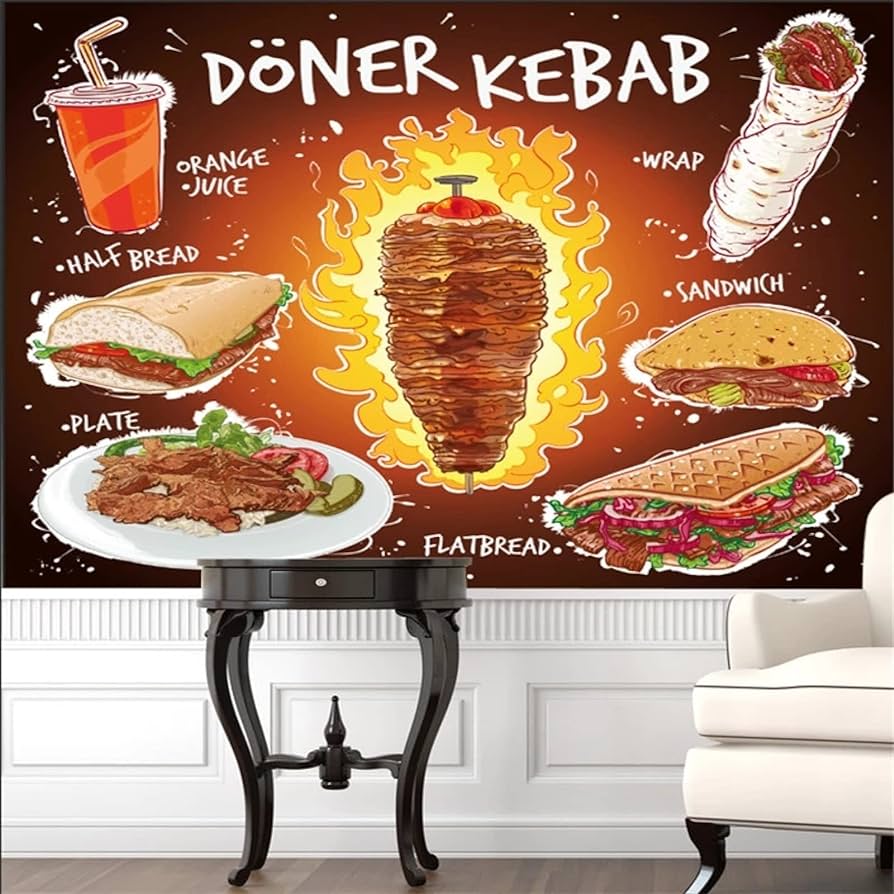 894x894 Custom Wallpaper 3D Hand Drawn Doner Kebab Bread Sandwich Orange Juice Fast Food Restaurant Wall Decor 300cm×210cm