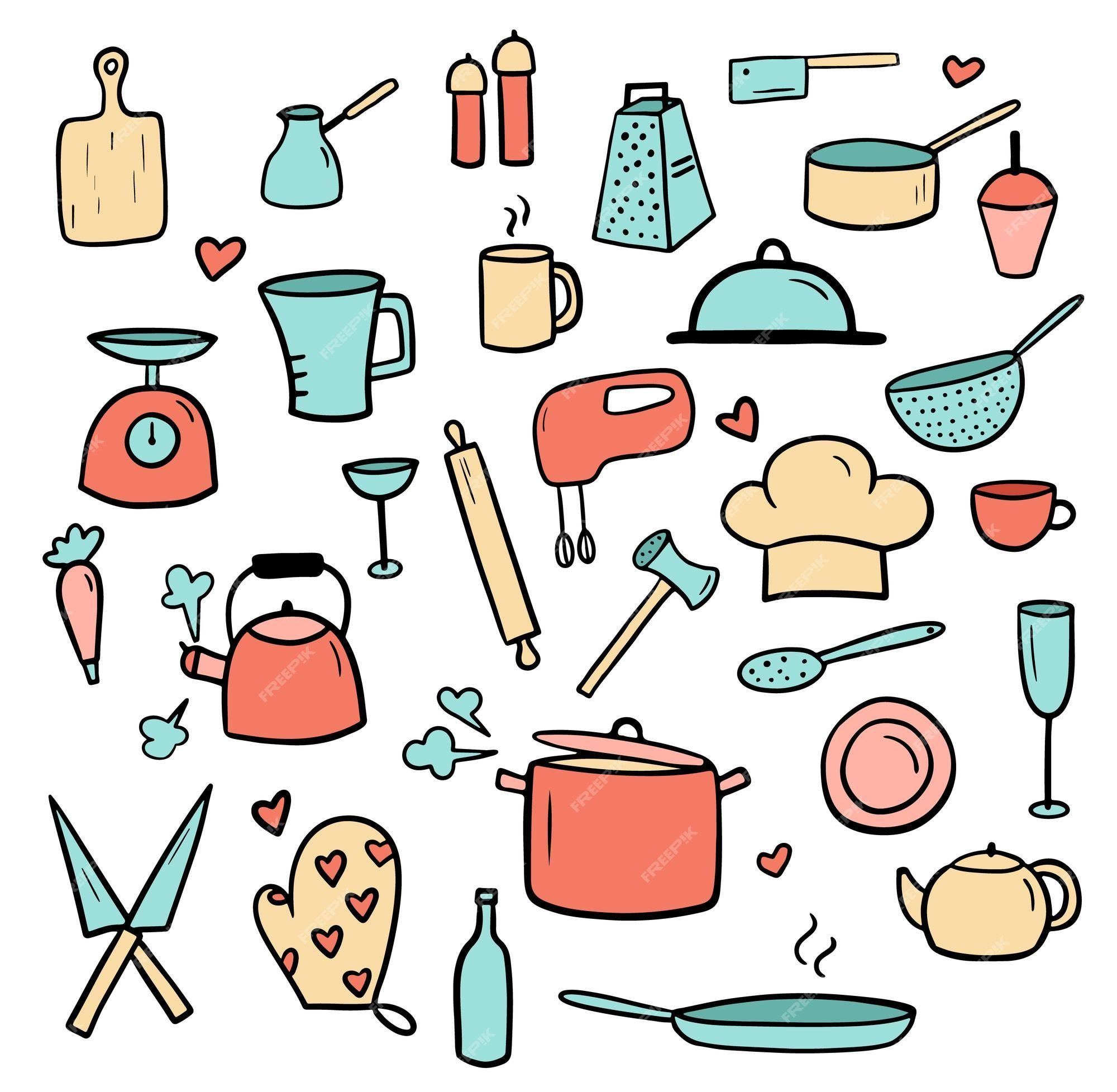 2000x1955 Premium Vector. Set of kitchen tools colorful doodles cooking icon collection isolated on white background vector illustration for restaurant menu recipe book and wallpaper