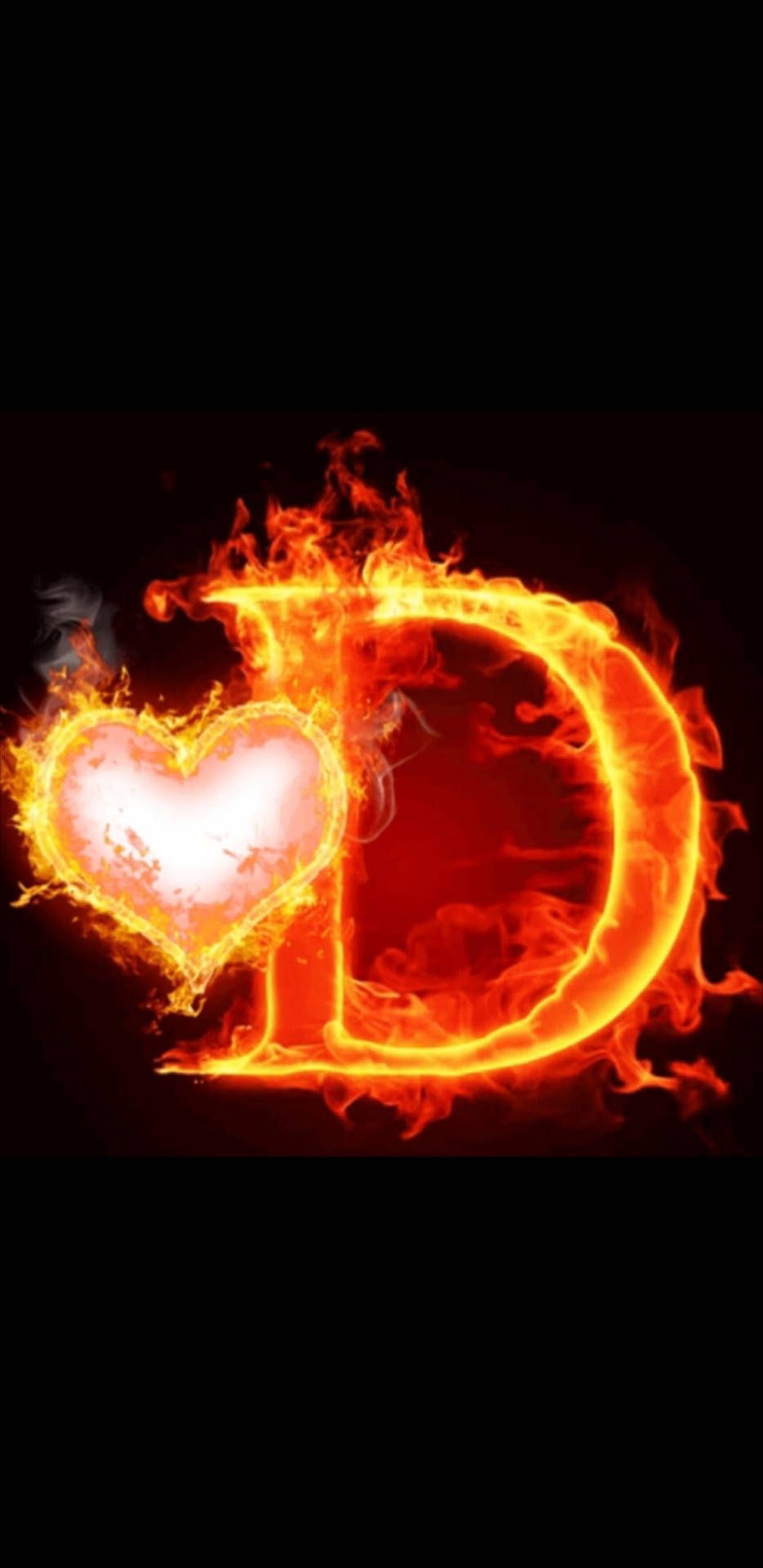 934x1920 Download Burning Heart With Letter D Wallpaper