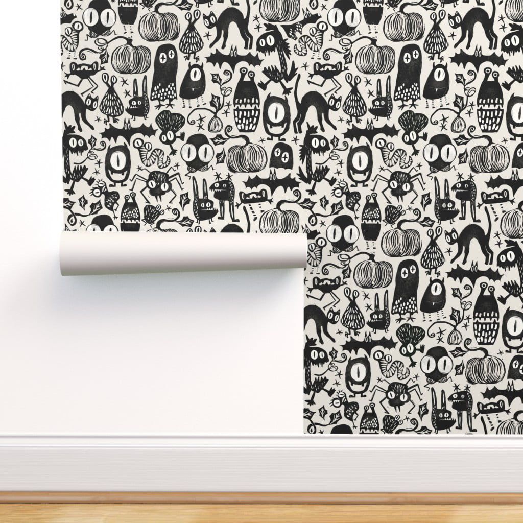 1024x1024 Peel & Stick Wallpaper 9ft x 2ft Halloween Monsters Black White Holiday Autumn Fall Monster Creatures Custom Removable Wallpaper