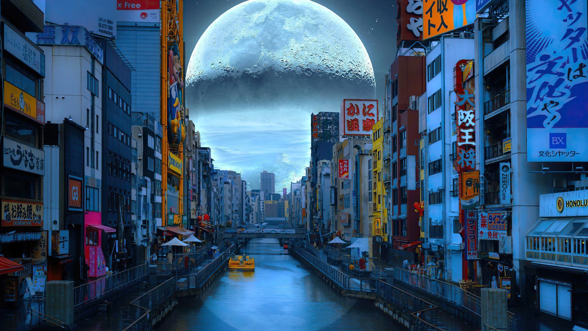 1920x1080 City Building Moon Manipulation HD wallpaper